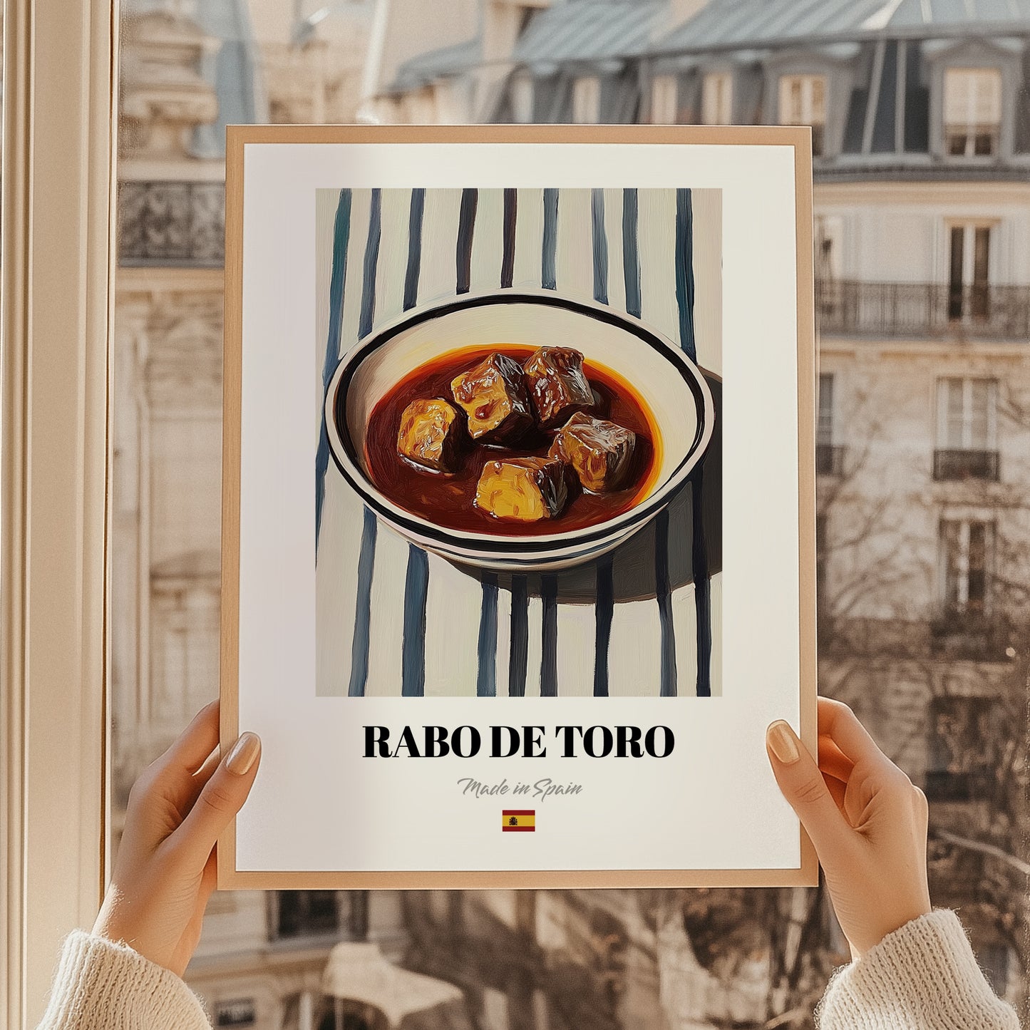 Rabo de Toro – on Striped Tablecloth, Spanish Food Painting, styled in a charming Paris street view