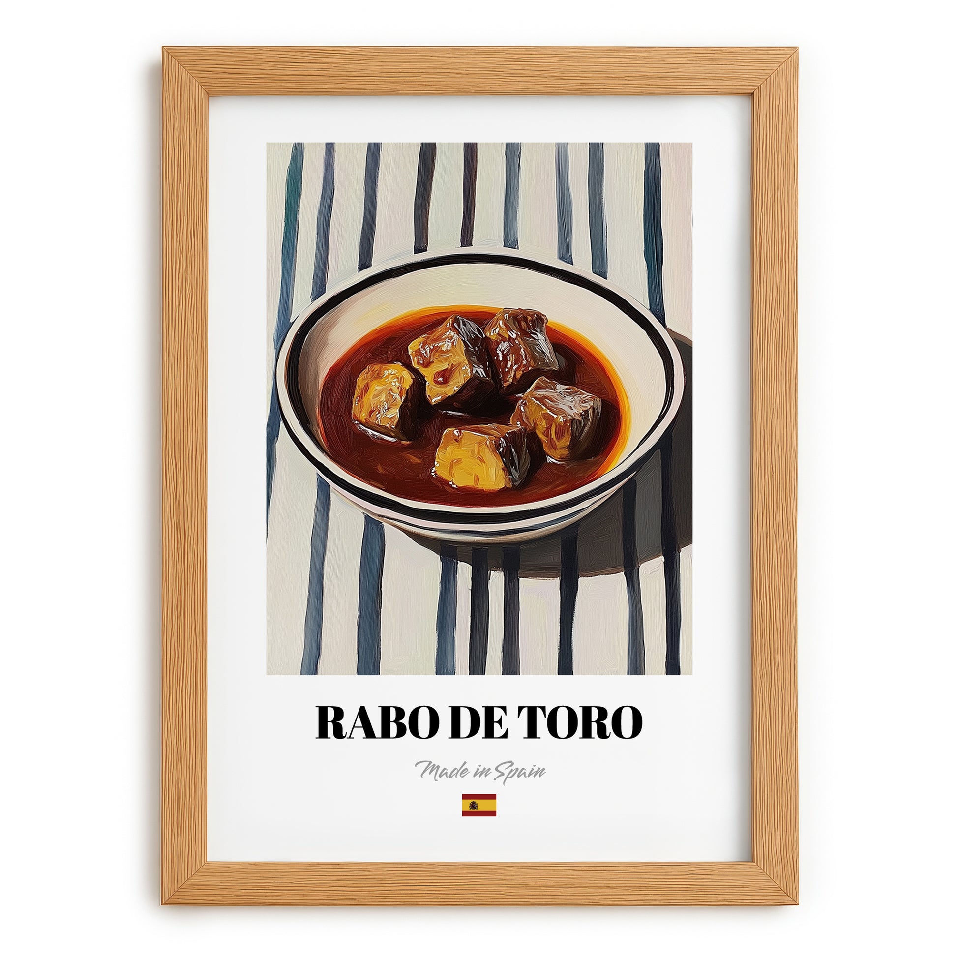 Rabo de Toro – on Striped Tablecloth, Spanish Food Painting, set in oak frame