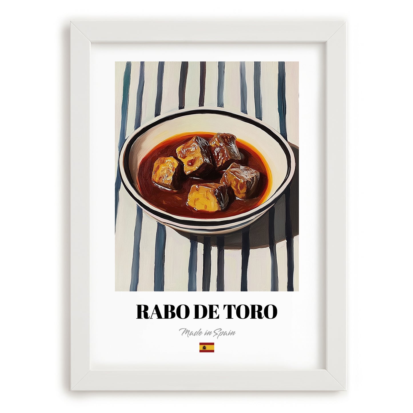 Rabo de Toro – on Striped Tablecloth, Spanish Food Painting, placed in minimal white frame