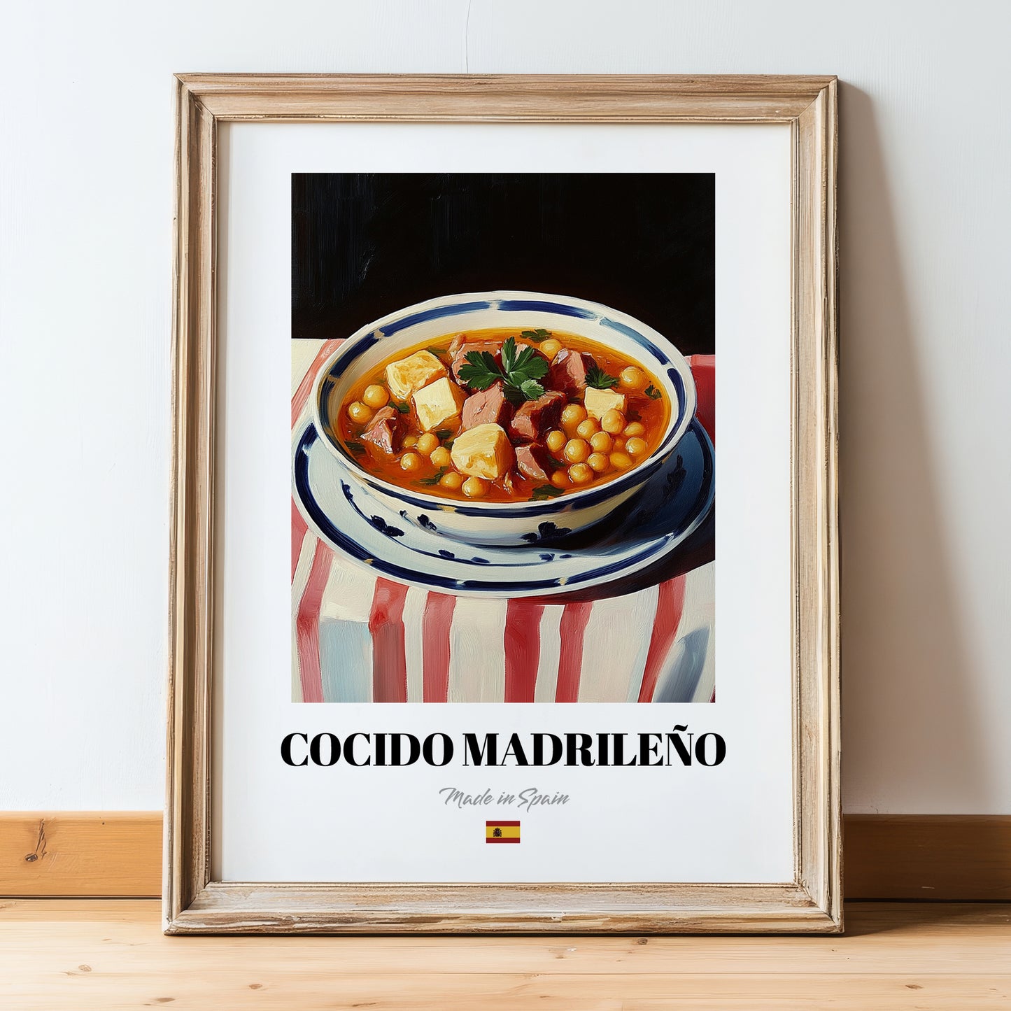 Cocido Madrileño – on Striped Tablecloth, Spanish Food Still Life, in wooden frame leaning on the floor