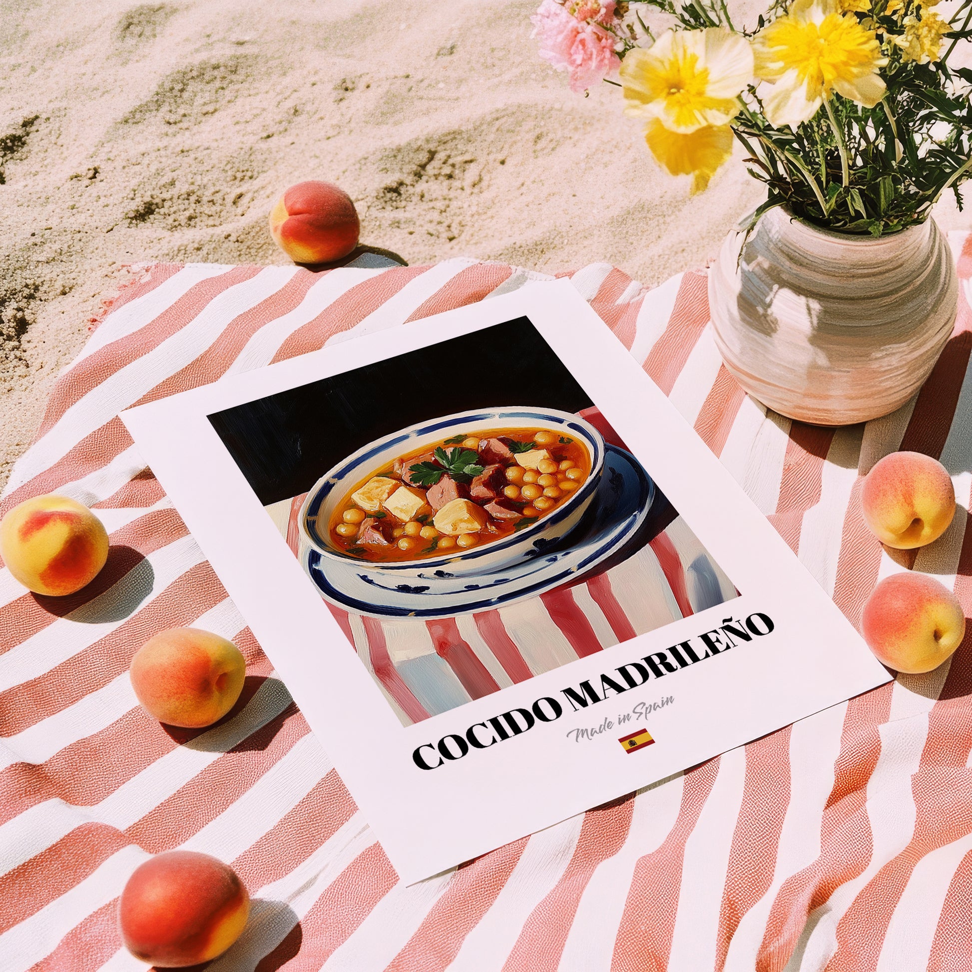Cocido Madrileño – on Striped Tablecloth, Spanish Food Still Life, unframed on coastal sand