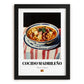 Cocido Madrileño – on Striped Tablecloth, Spanish Food Still Life, in sleek black frame