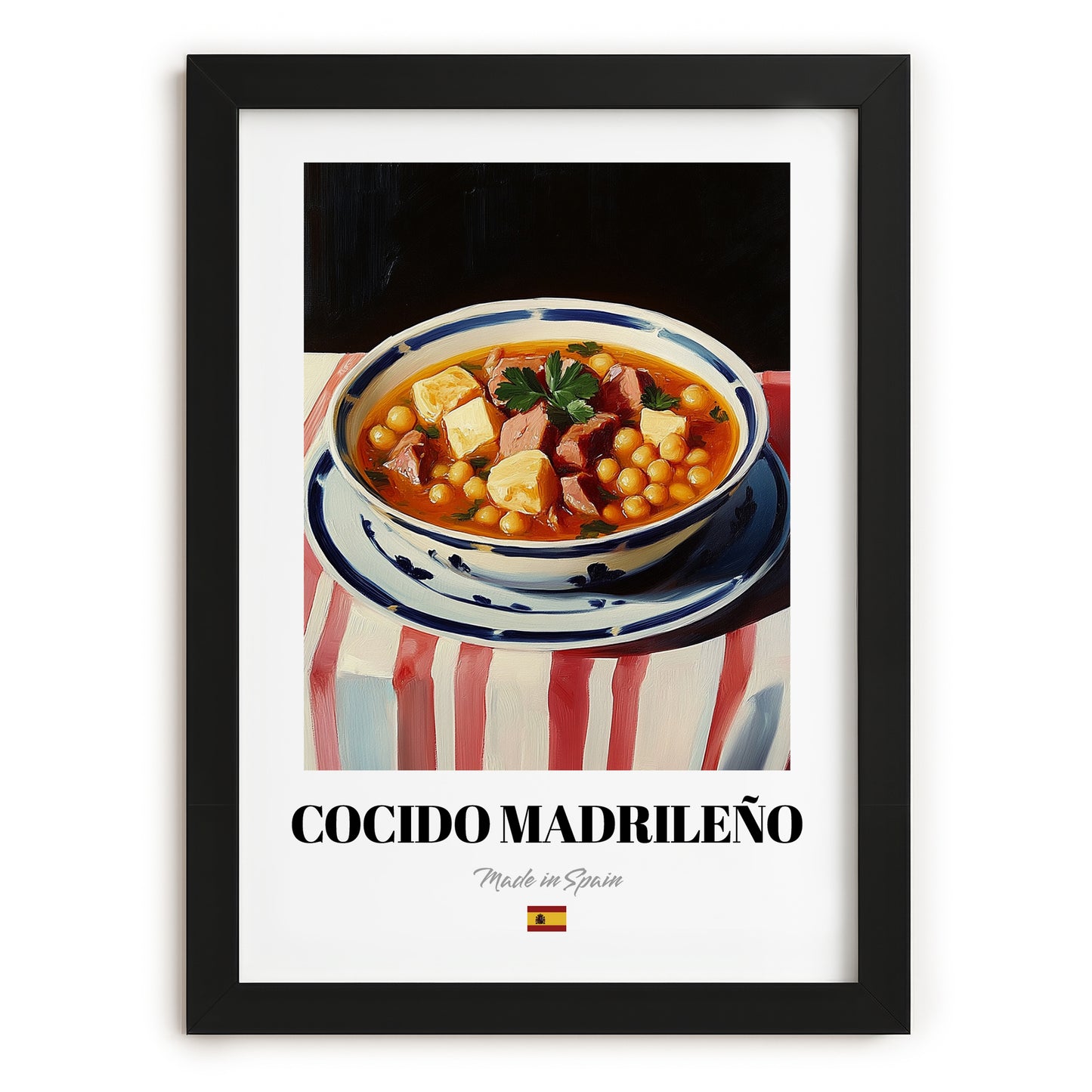 Cocido Madrileño – on Striped Tablecloth, Spanish Food Still Life, in sleek black frame