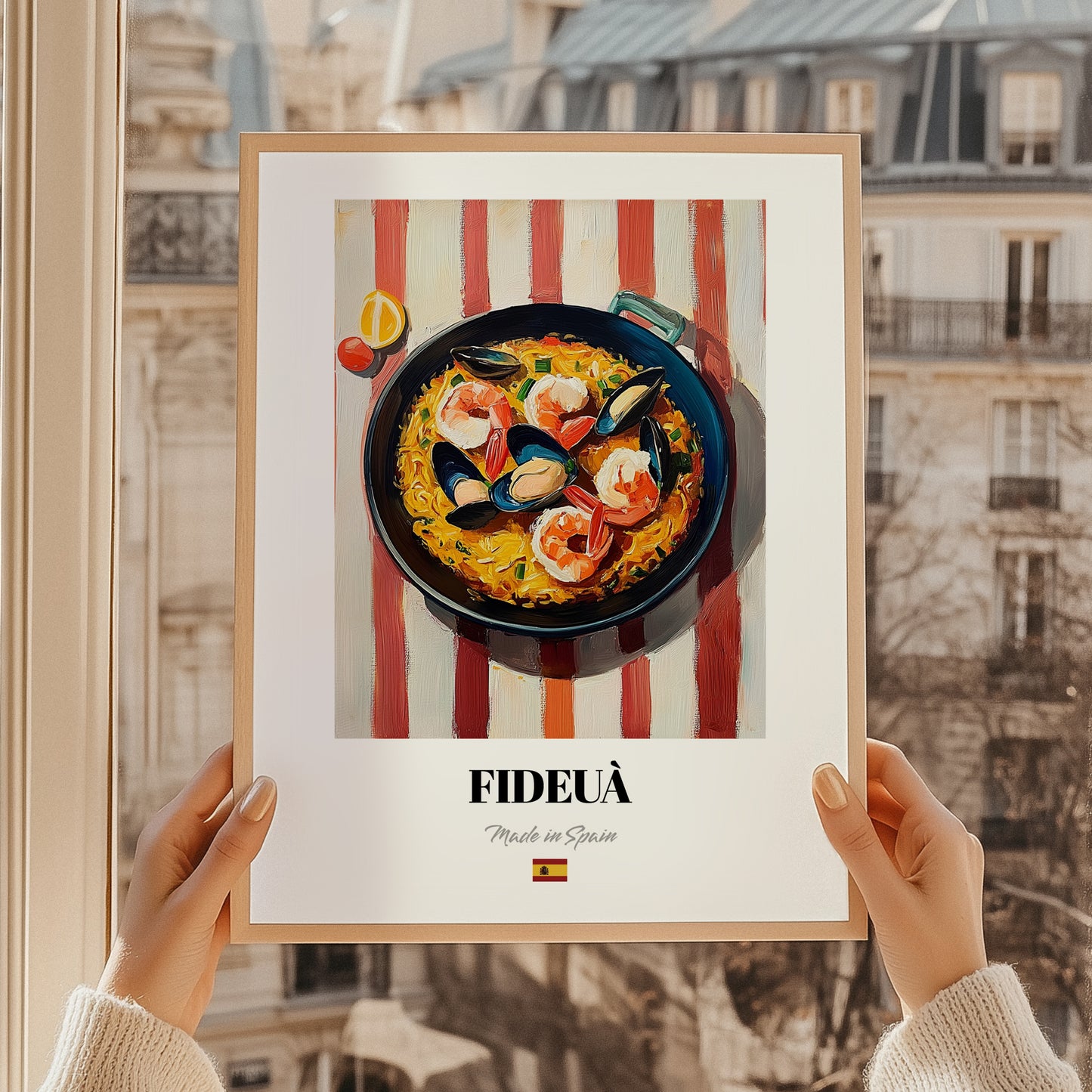 Fideuà – on Striped Tablecloth, Spanish Pasta Wall Print, styled in a charming Paris street view