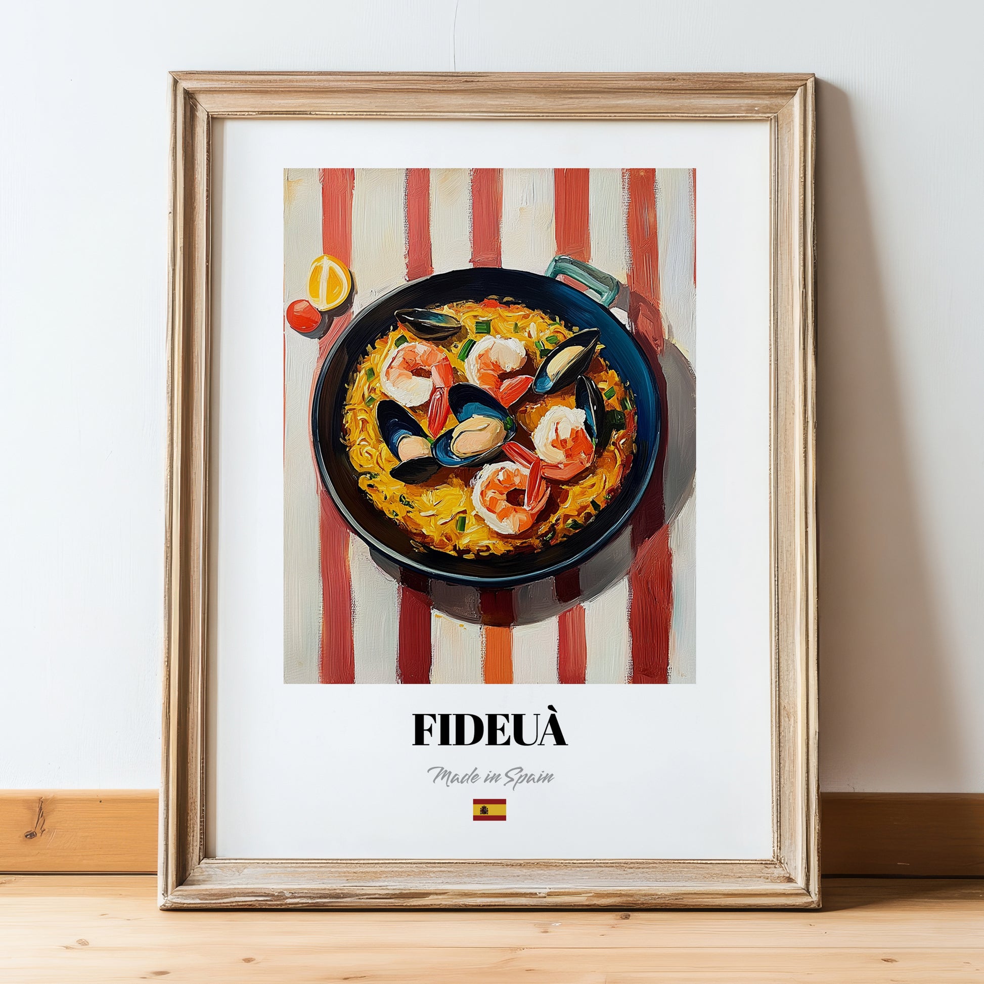 Fideuà – on Striped Tablecloth, Spanish Pasta Wall Print, in wooden frame leaning on the floor