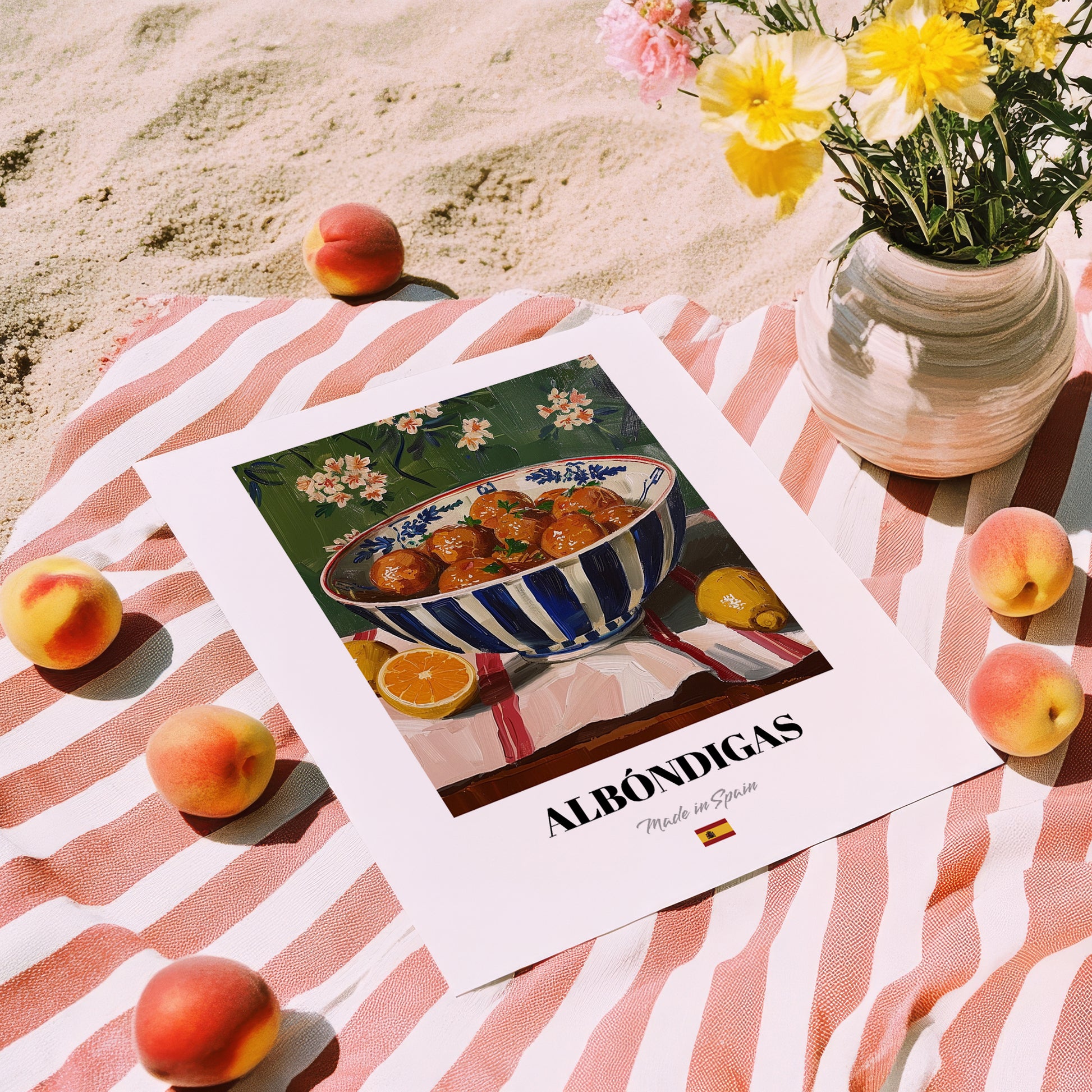 Albóndigas – Art, Spanish Food Wall Art, unframed on coastal sand