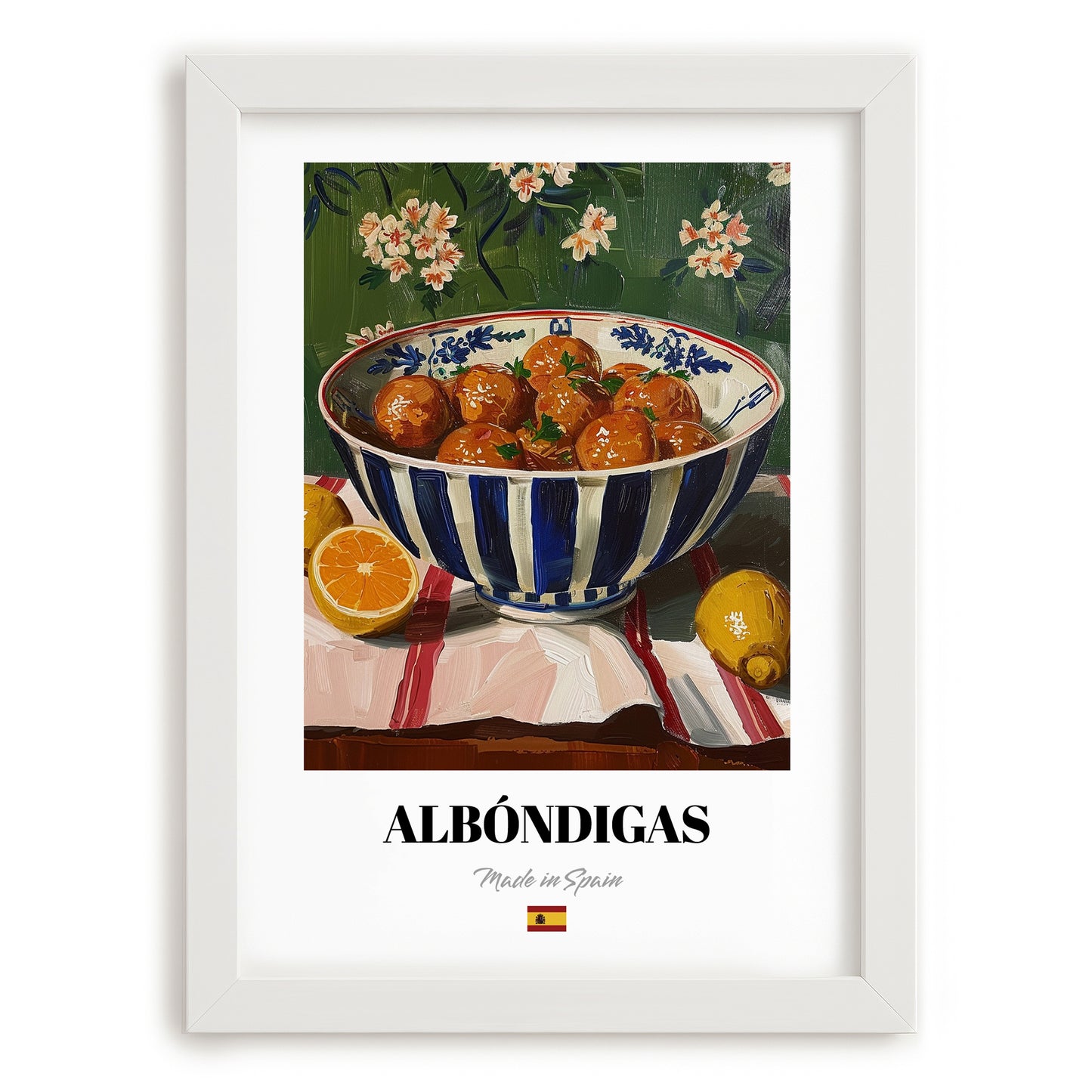 Albóndigas – Art, Spanish Food Wall Art, placed in minimal white frame
