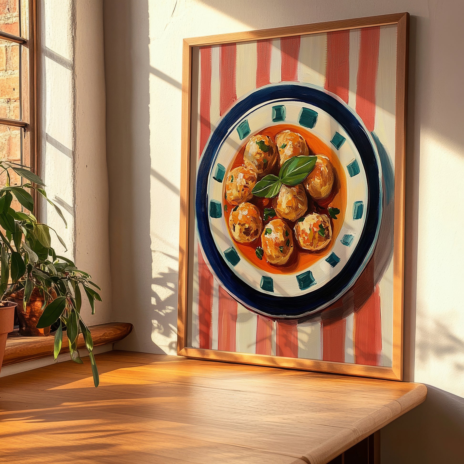 Albóndigas – on Striped Tablecloth, Spanish Food Wall Decor, clean layout with no caption