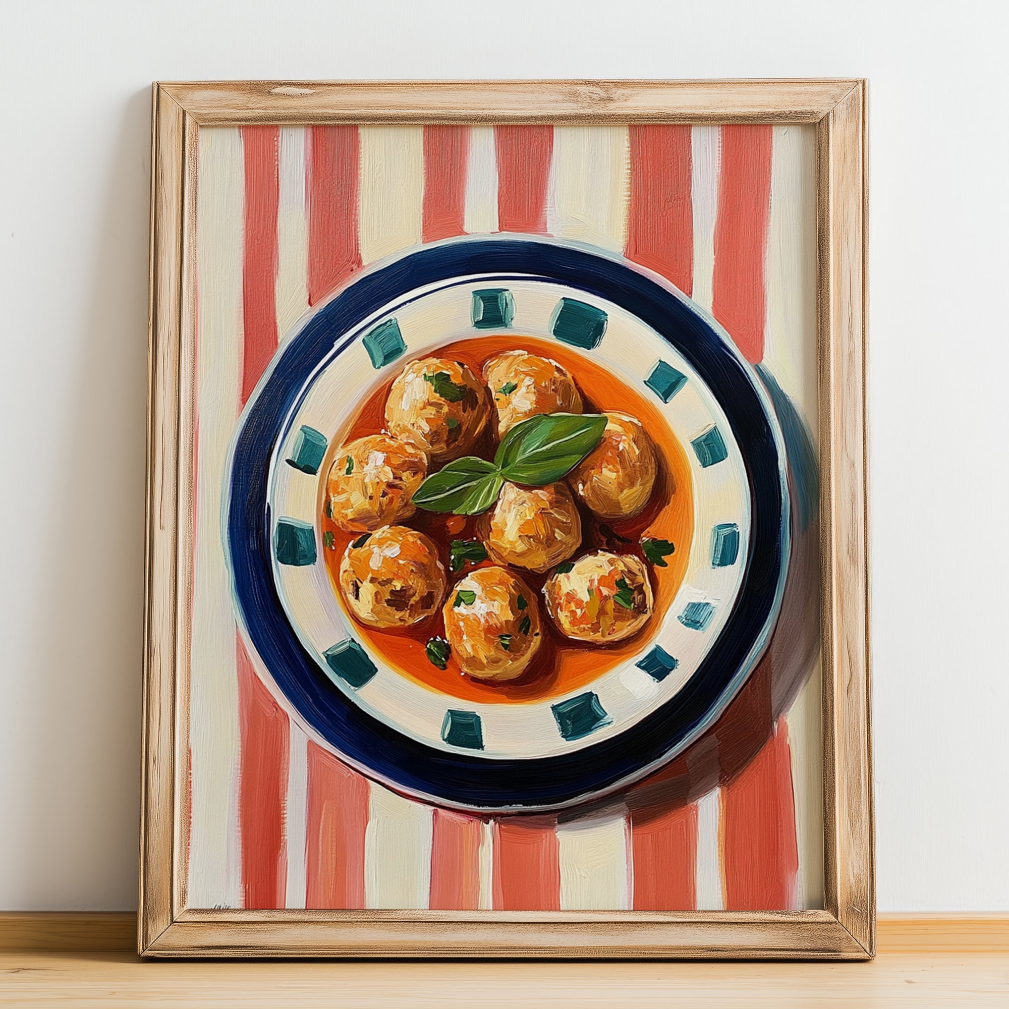 Albóndigas – on Striped Tablecloth, Spanish Food Wall Decor, no-text version framed in wood