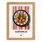 Albóndigas – on Striped Tablecloth, Spanish Food Wall Decor, set in oak frame