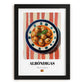 Albóndigas – on Striped Tablecloth, Spanish Food Wall Decor, in sleek black frame