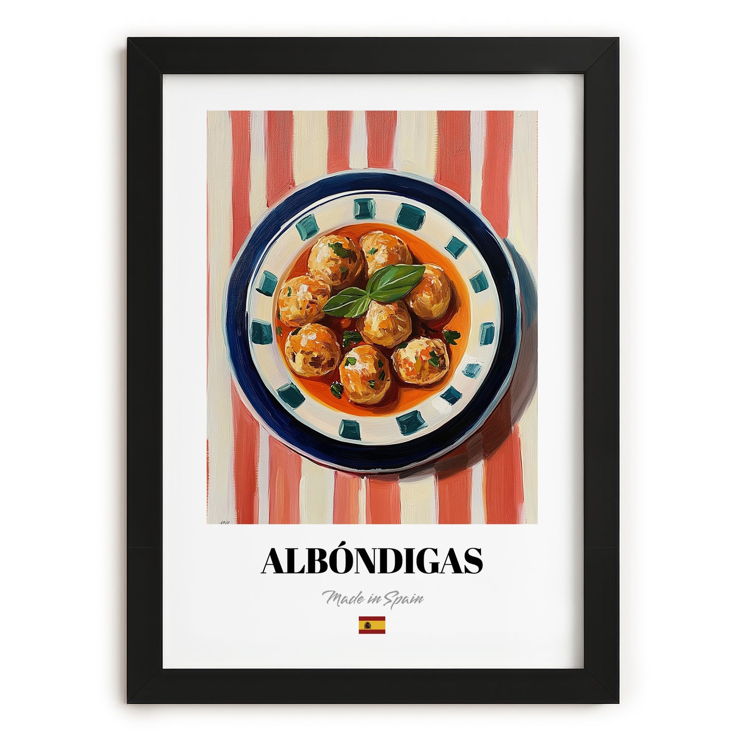 Albóndigas – on Striped Tablecloth, Spanish Food Wall Decor, in sleek black frame