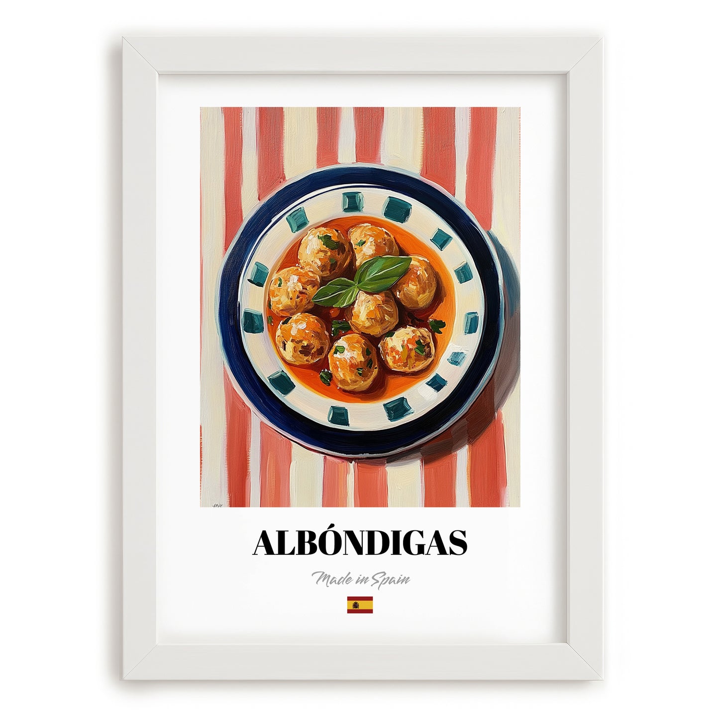 Albóndigas – on Striped Tablecloth, Spanish Food Wall Decor, placed in minimal white frame