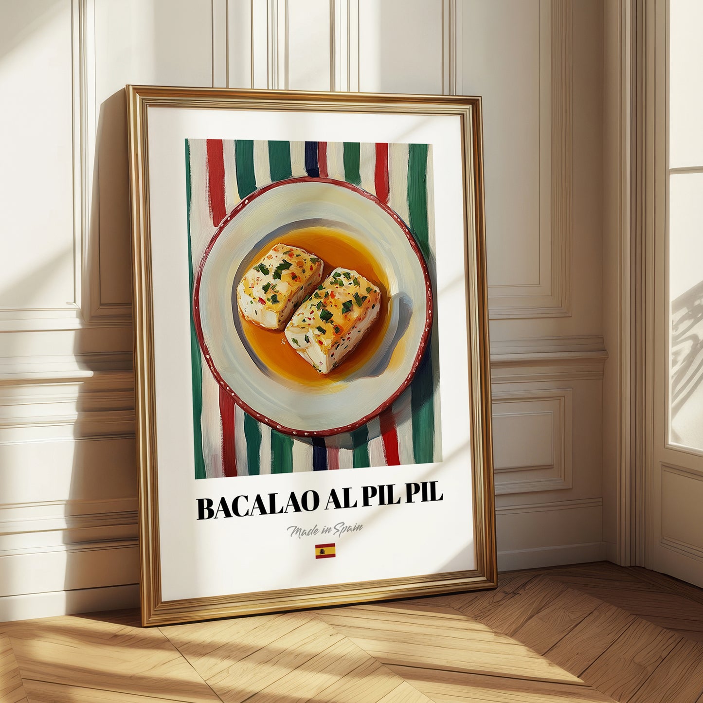 Bacalao al Pil Pil – on Striped Tablecloth, Spanish Food Wall Decor
