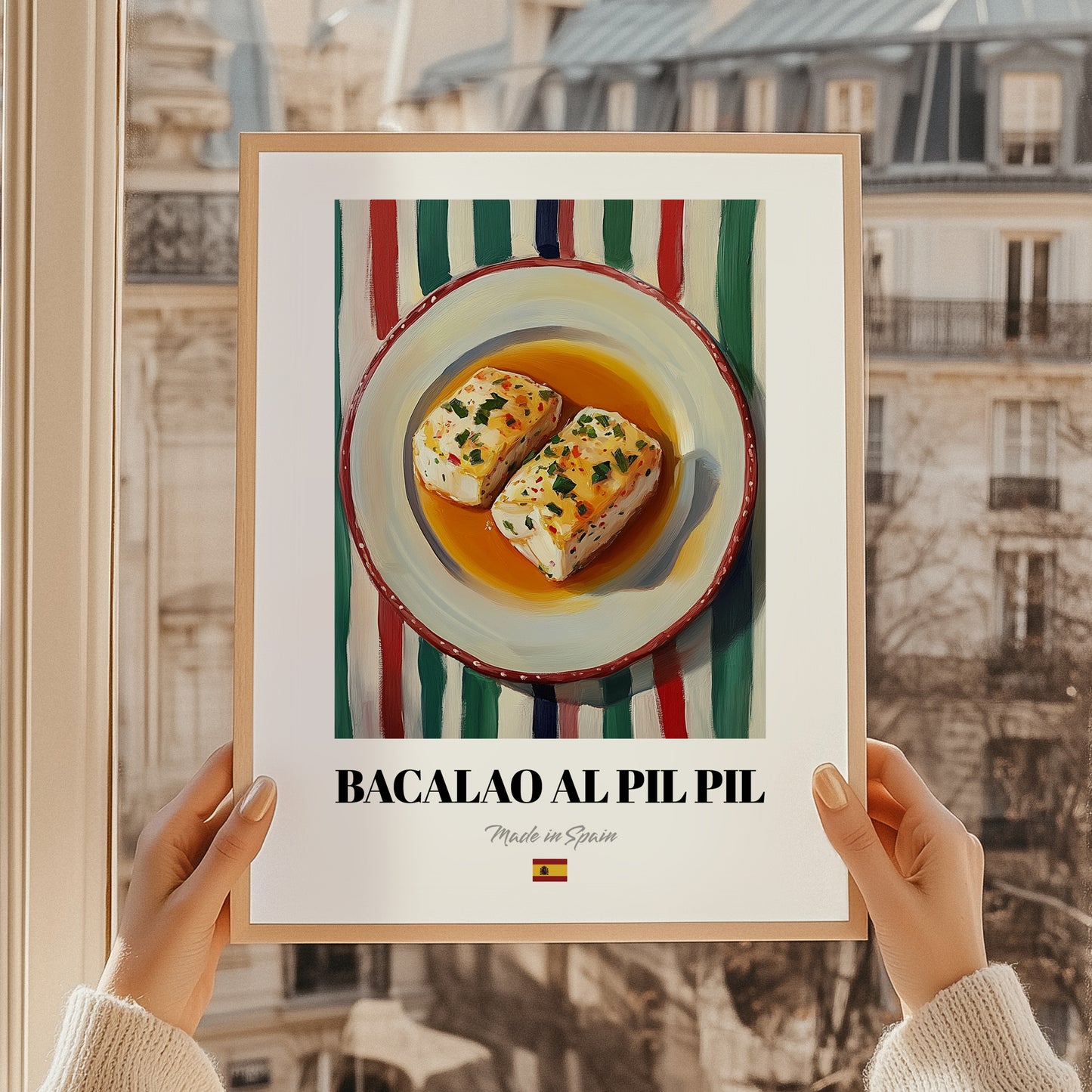 Bacalao al Pil Pil – on Striped Tablecloth, Spanish Food Wall Decor, styled in a charming Paris street view