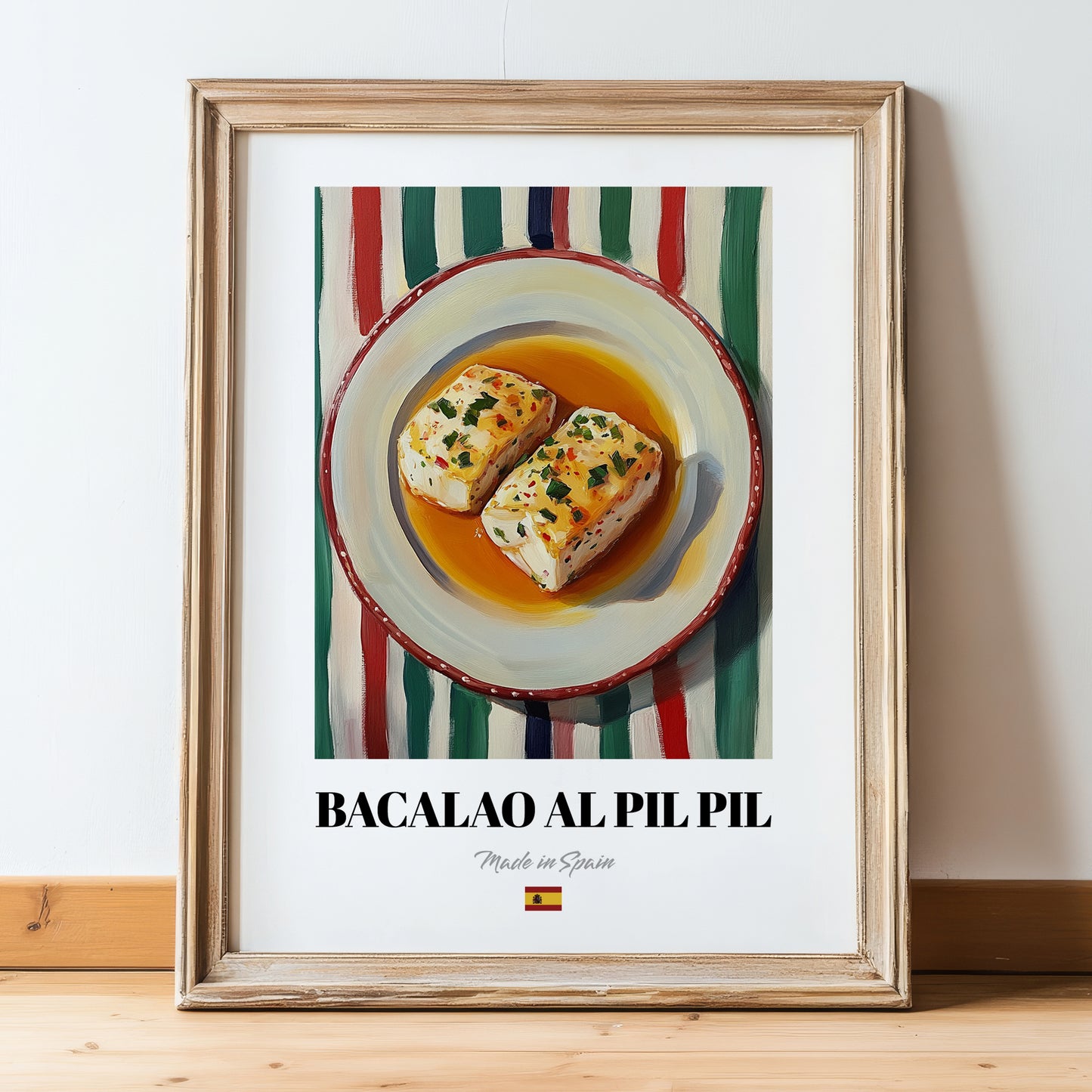 Bacalao al Pil Pil – on Striped Tablecloth, Spanish Food Wall Decor, in wooden frame leaning on the floor
