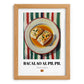 Bacalao al Pil Pil – on Striped Tablecloth, Spanish Food Wall Decor, set in oak frame