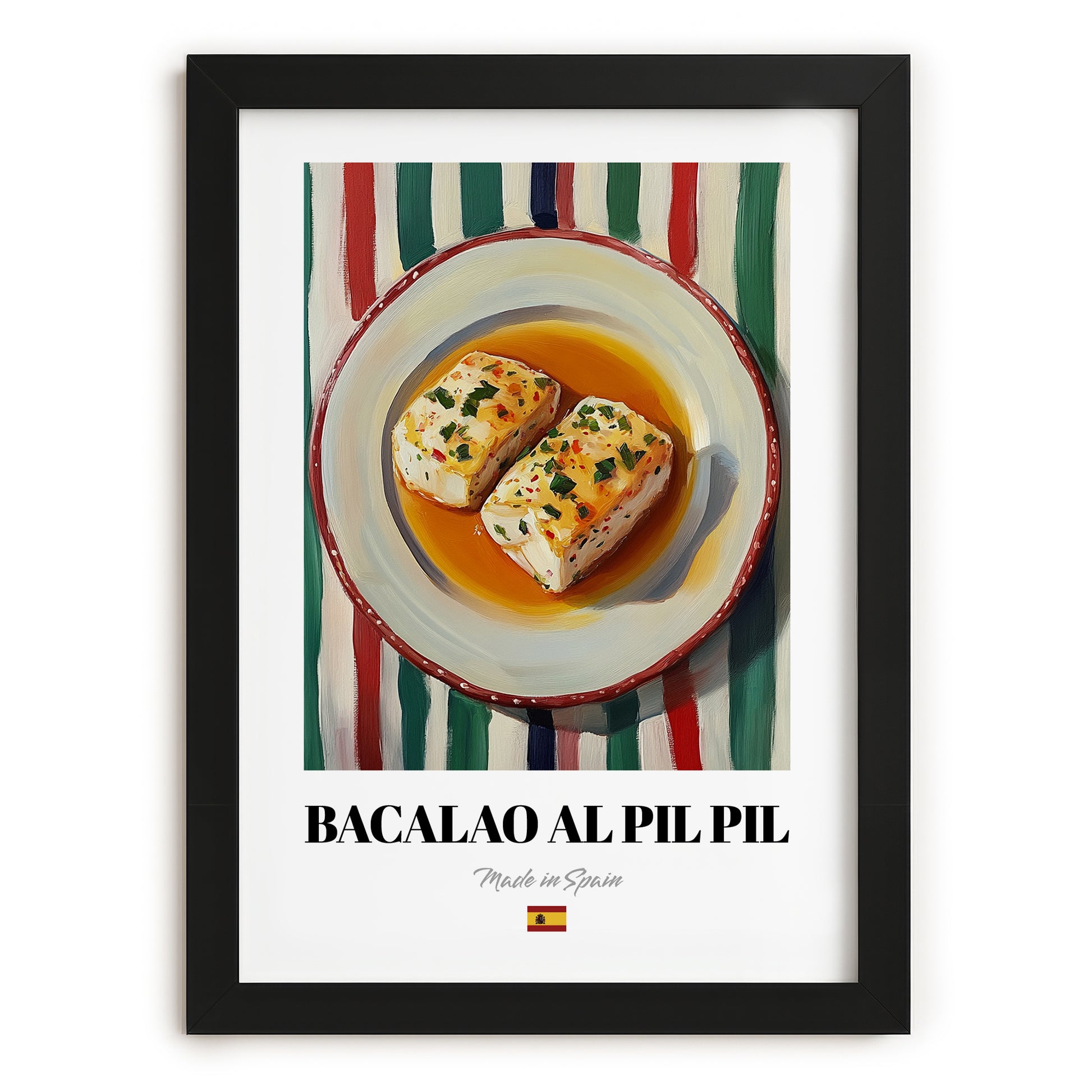 Bacalao al Pil Pil – on Striped Tablecloth, Spanish Food Wall Decor, in sleek black frame