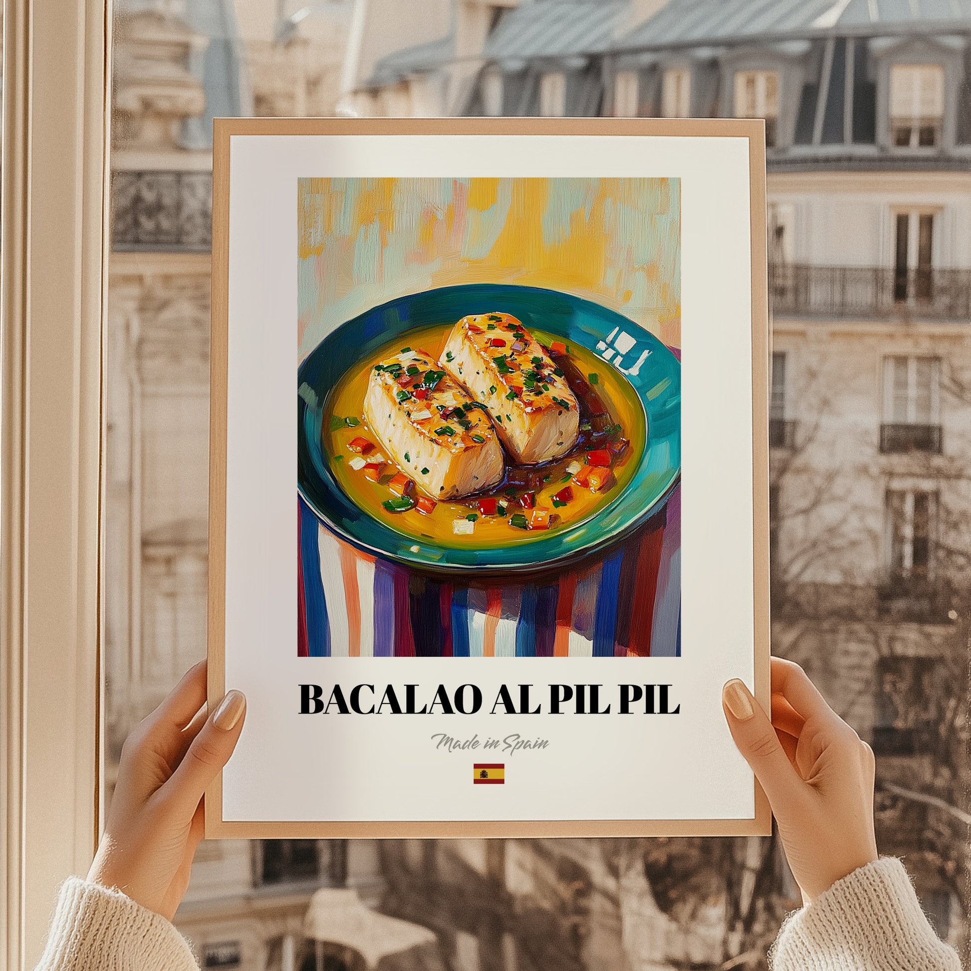 Bacalao al Pil Pil – Oil Painting, Spanish Food Poster, styled in a charming Paris street view