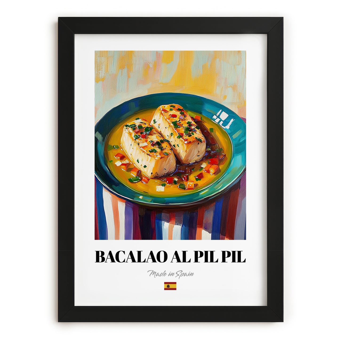 Bacalao al Pil Pil – Oil Painting, Spanish Food Poster, in sleek black frame
