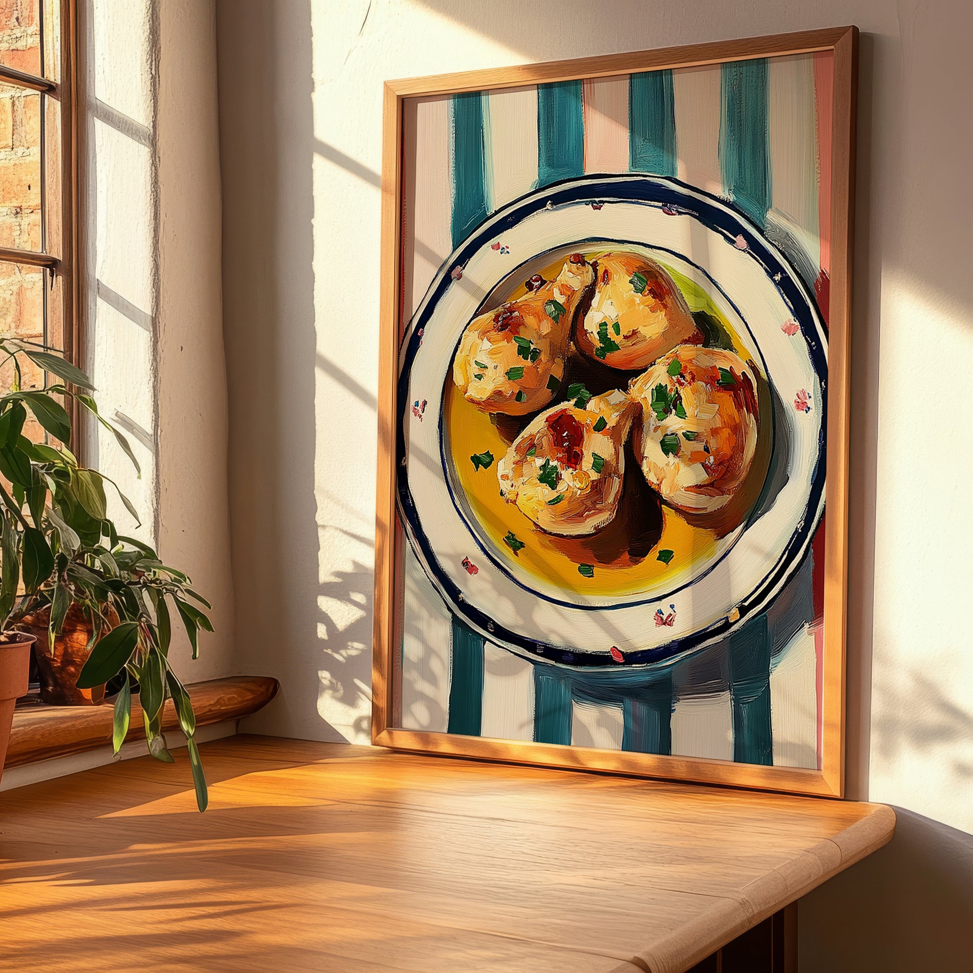 Pollo al Ajillo – on Striped Tablecloth, Spanish Food Wall Art, clean layout with no caption
