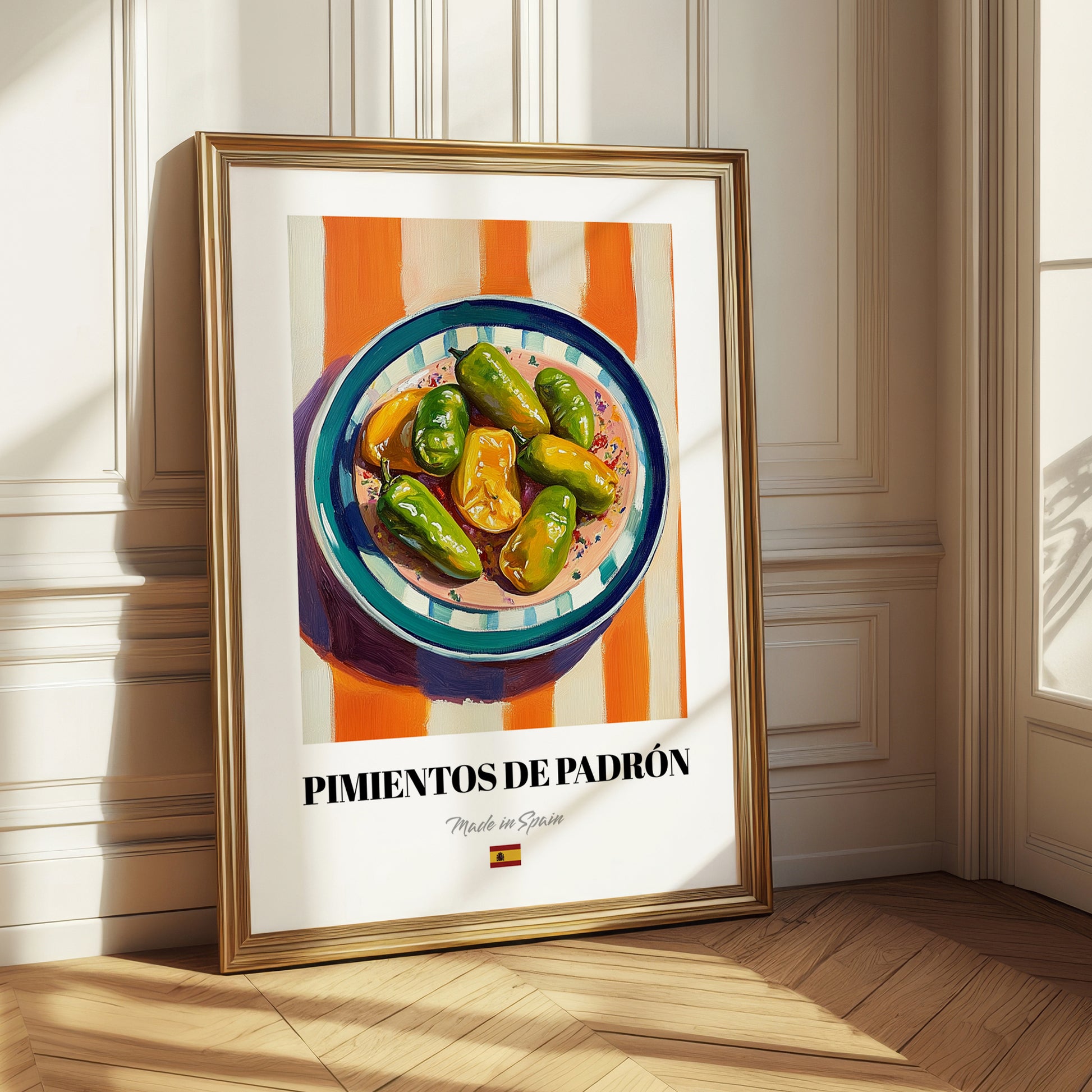 Pimientos de Padrón – on Striped Tablecloth, Spanish Food Wall Decor