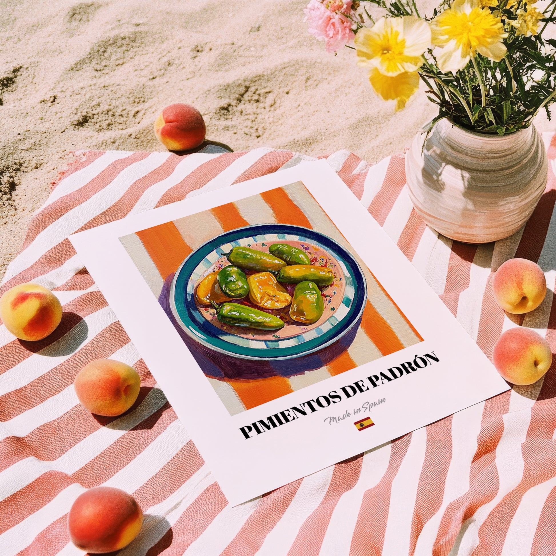 Pimientos de Padrón – on Striped Tablecloth, Spanish Food Wall Decor, unframed on coastal sand