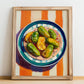 Pimientos de Padrón – on Striped Tablecloth, Spanish Food Wall Decor, no-text version framed in wood