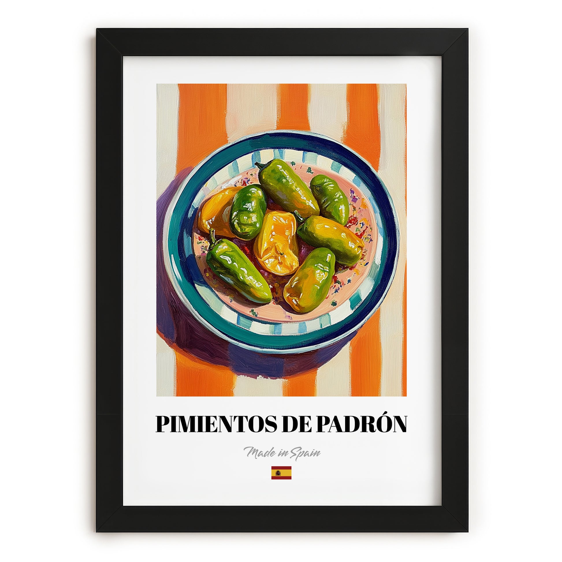 Pimientos de Padrón – on Striped Tablecloth, Spanish Food Wall Decor, in sleek black frame