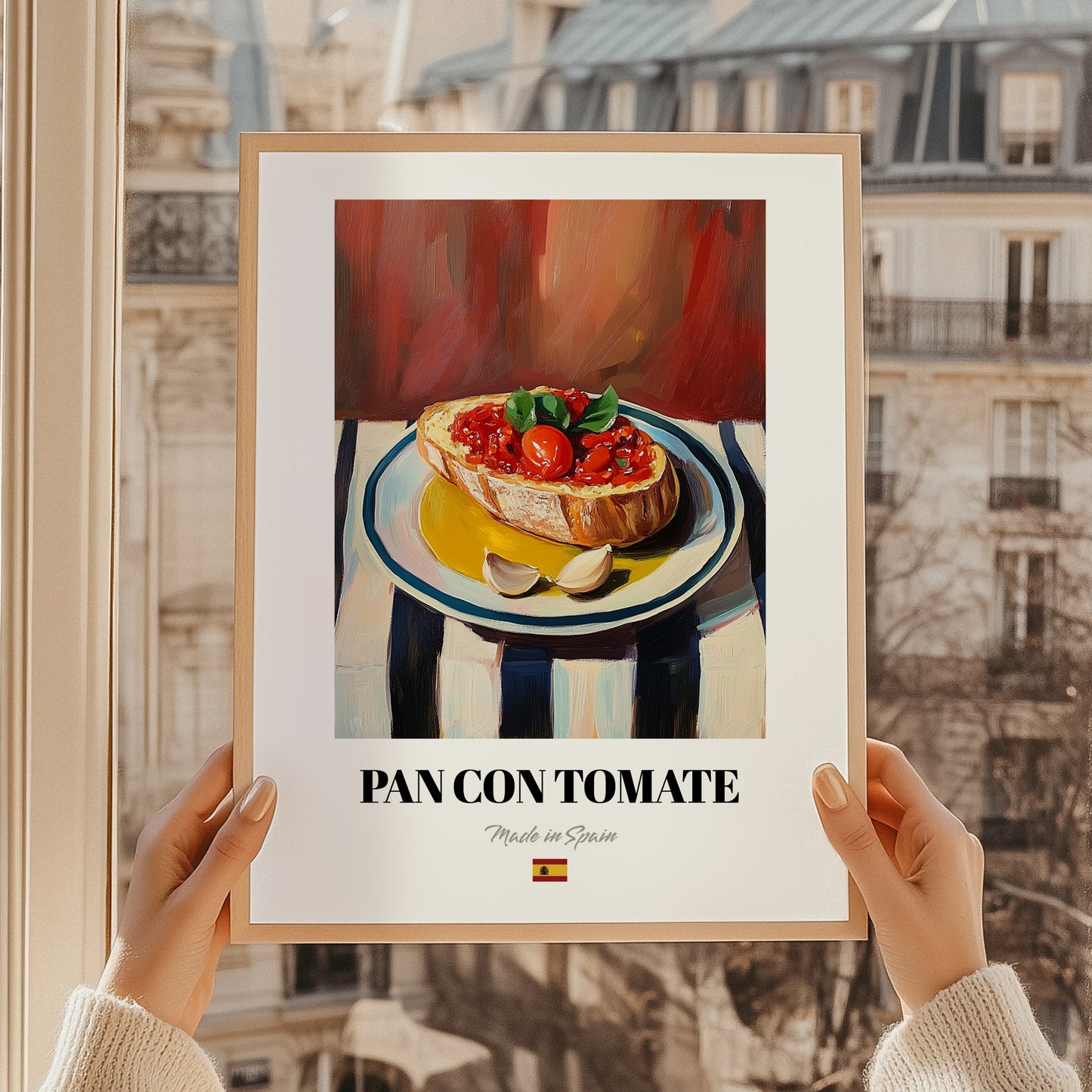 Pan con Tomate – on Striped Tablecloth, Spanish Food Illustration, styled in a charming Paris street view