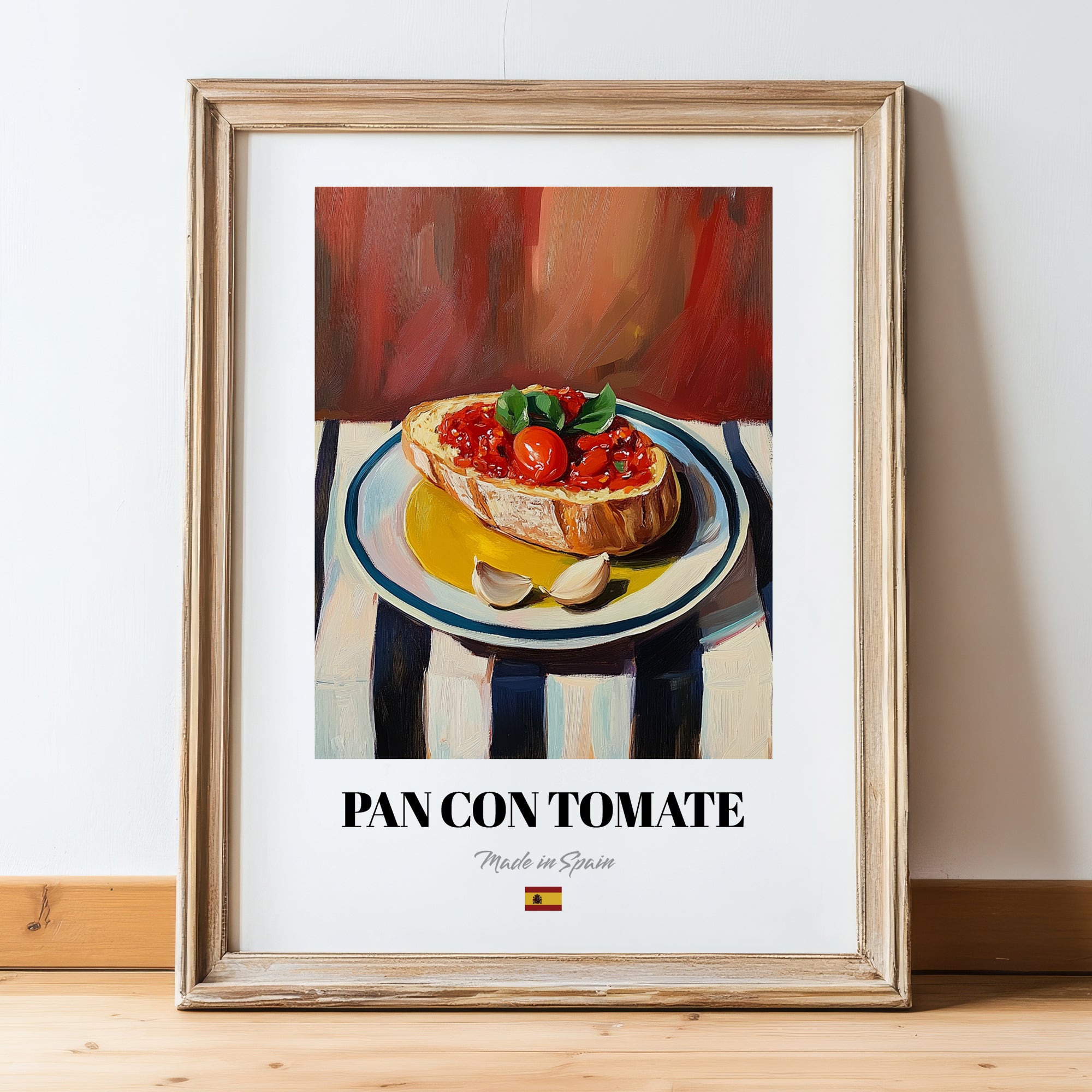 Pan con Tomate – on Striped Tablecloth, Spanish Food Illustration, in wooden frame leaning on the floor