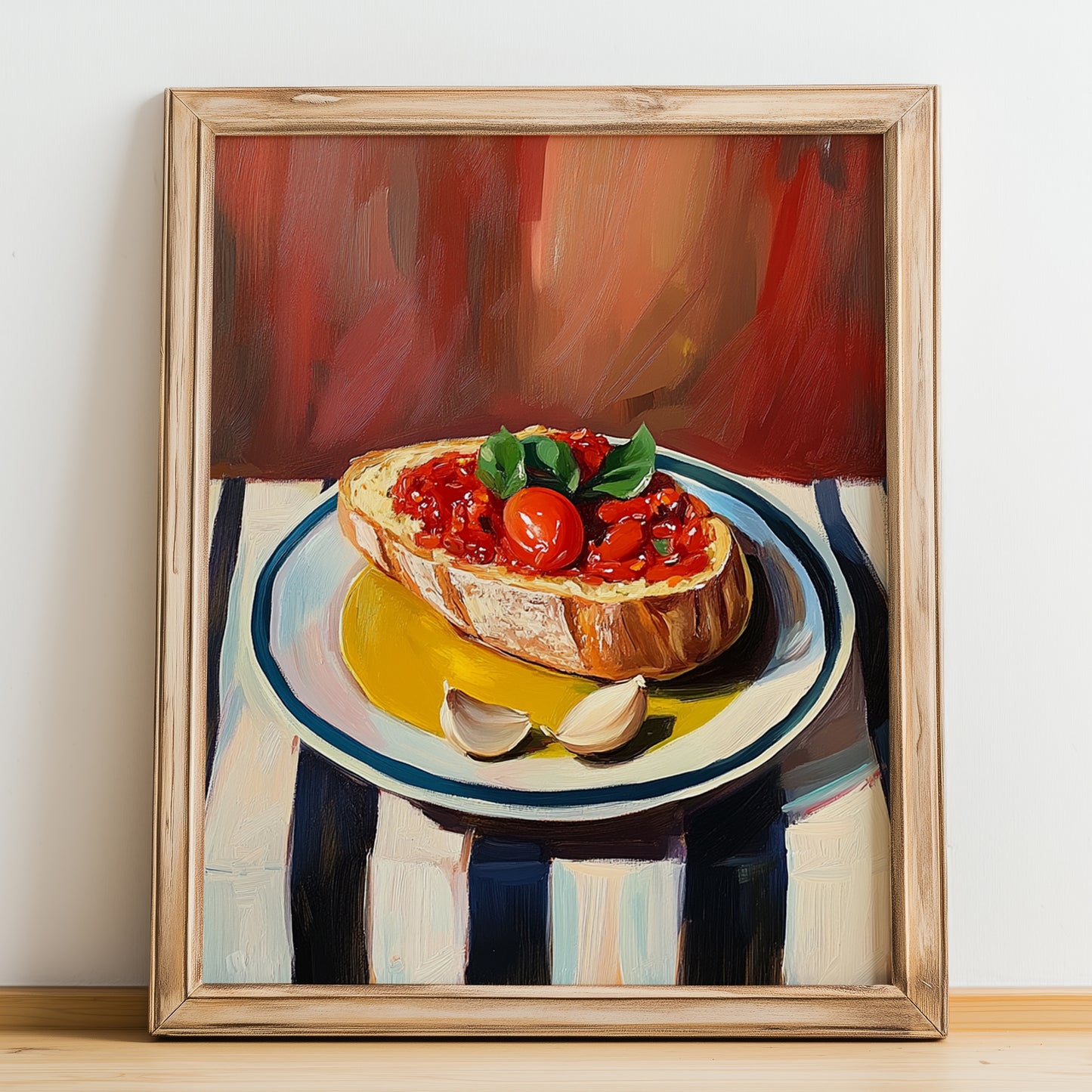 Pan con Tomate – on Striped Tablecloth, Spanish Food Illustration, no-text version framed in wood
