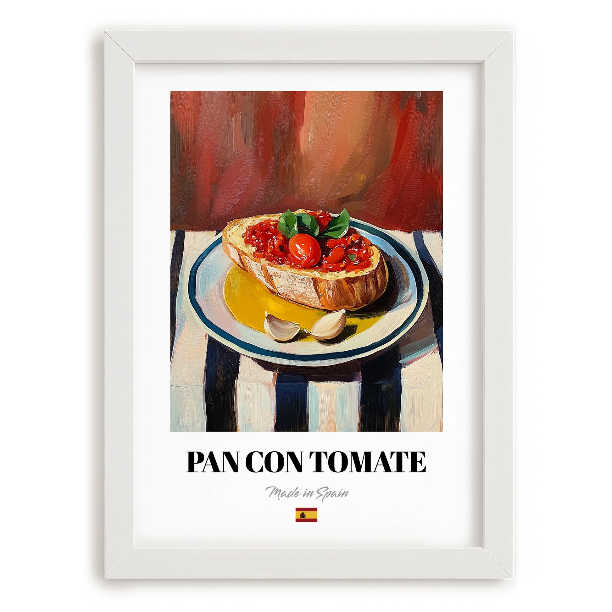Pan con Tomate – on Striped Tablecloth, Spanish Food Illustration, placed in minimal white frame