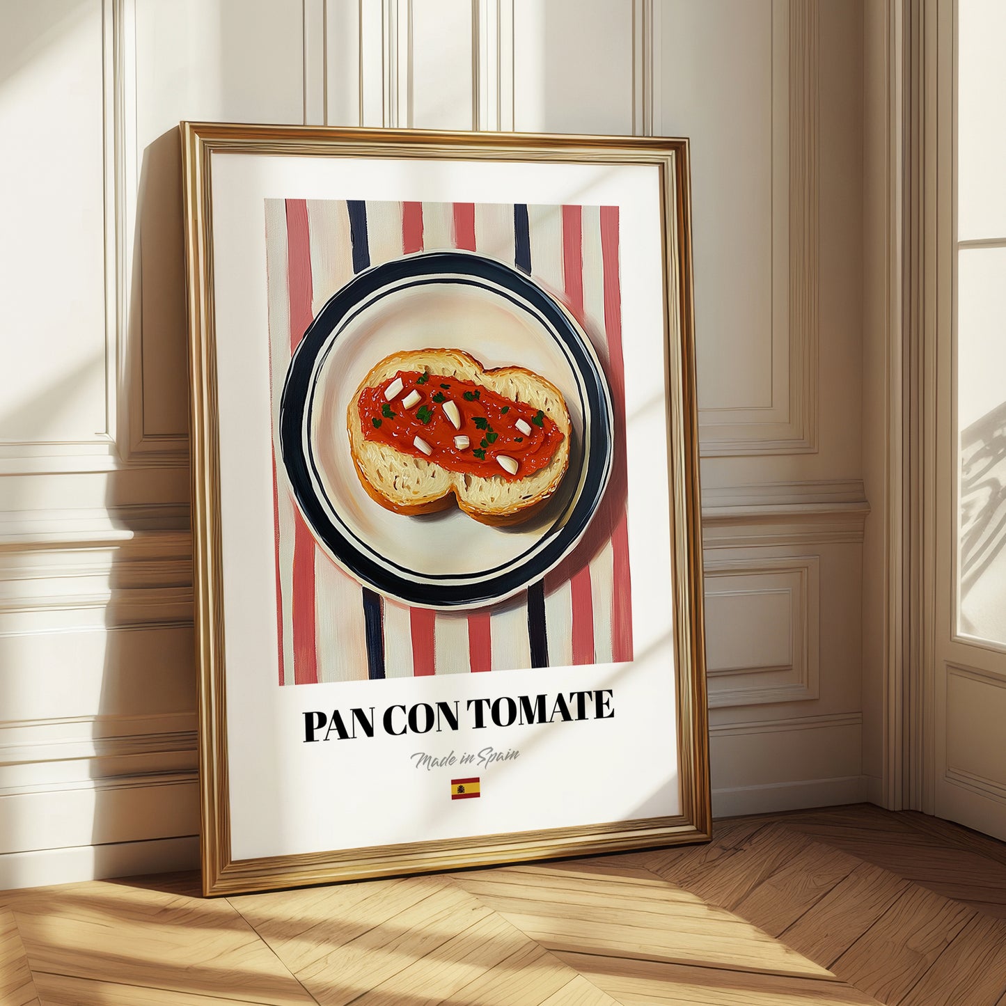 Pan con Tomate – on Striped Tablecloth, Spanish Food Wall Decor
