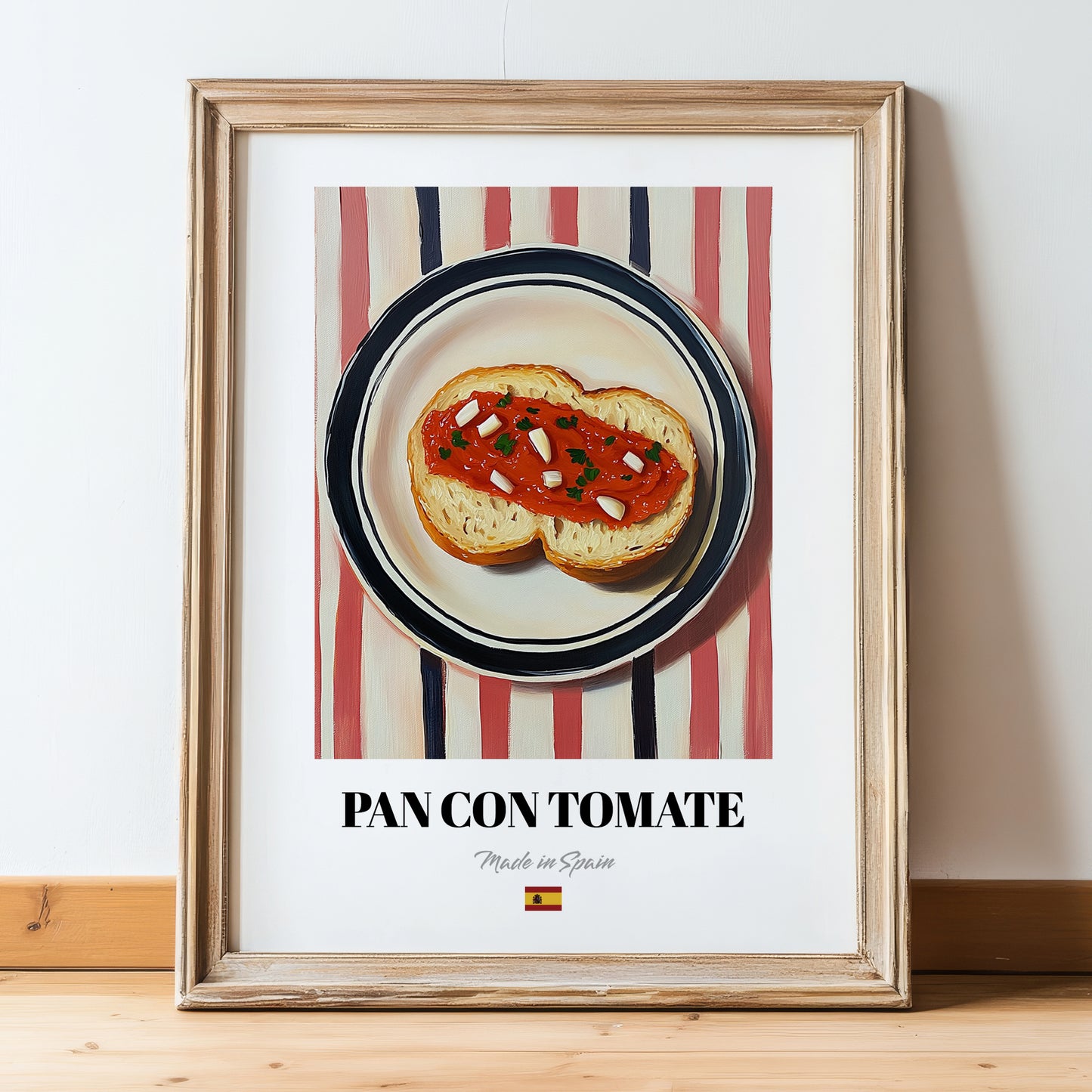 Pan con Tomate – on Striped Tablecloth, Spanish Food Wall Decor, in wooden frame leaning on the floor