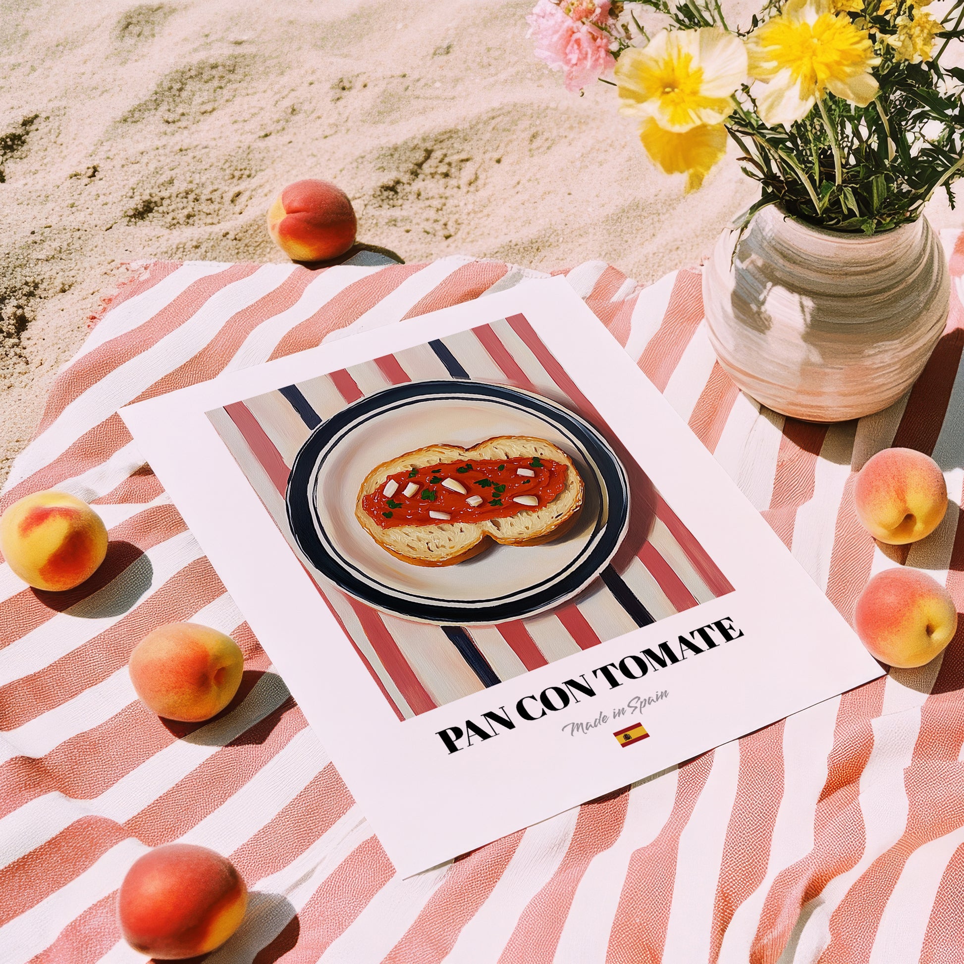 Pan con Tomate – on Striped Tablecloth, Spanish Food Wall Decor, unframed on coastal sand