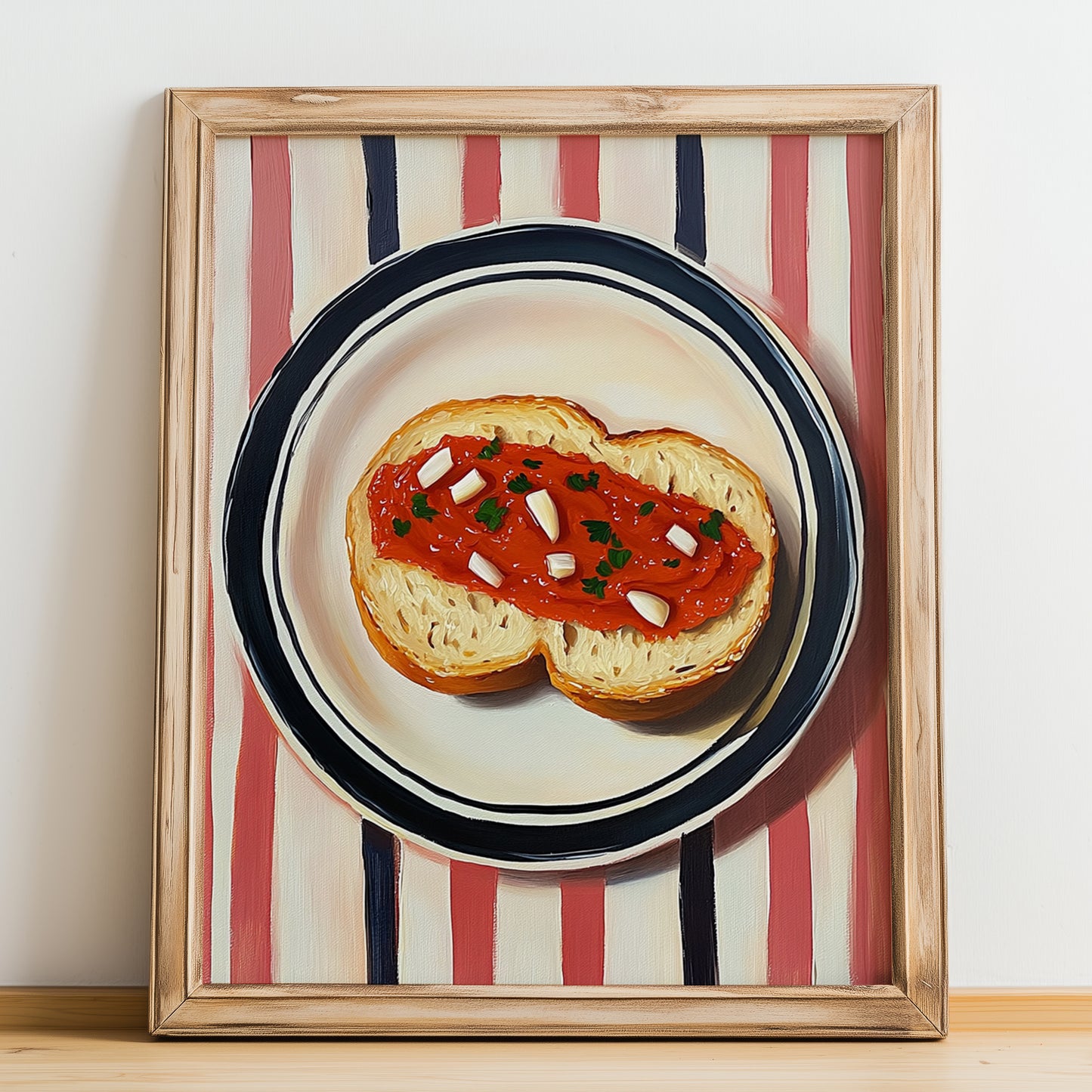 Pan con Tomate – on Striped Tablecloth, Spanish Food Wall Decor, no-text version framed in wood