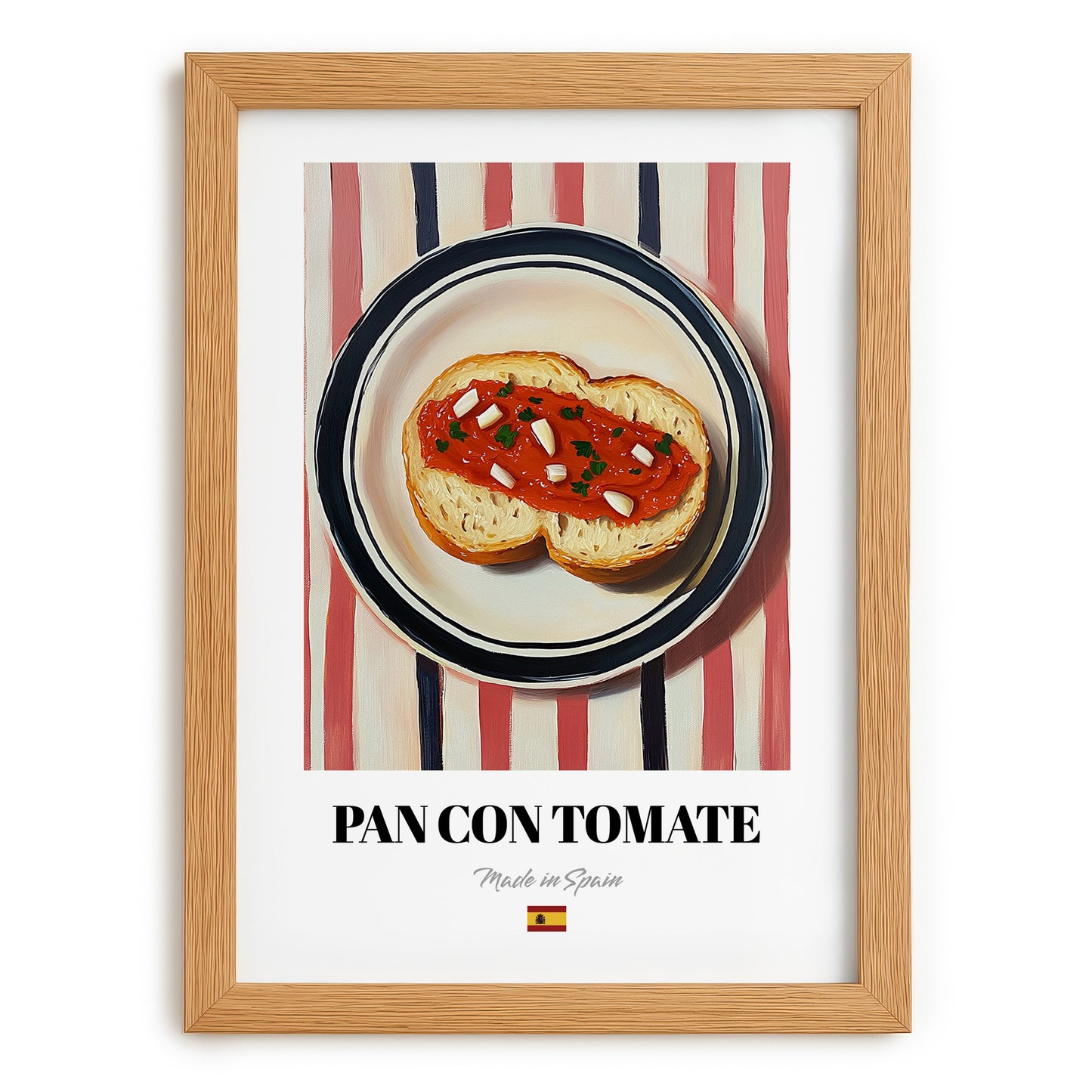 Pan con Tomate – on Striped Tablecloth, Spanish Food Wall Decor, set in oak frame