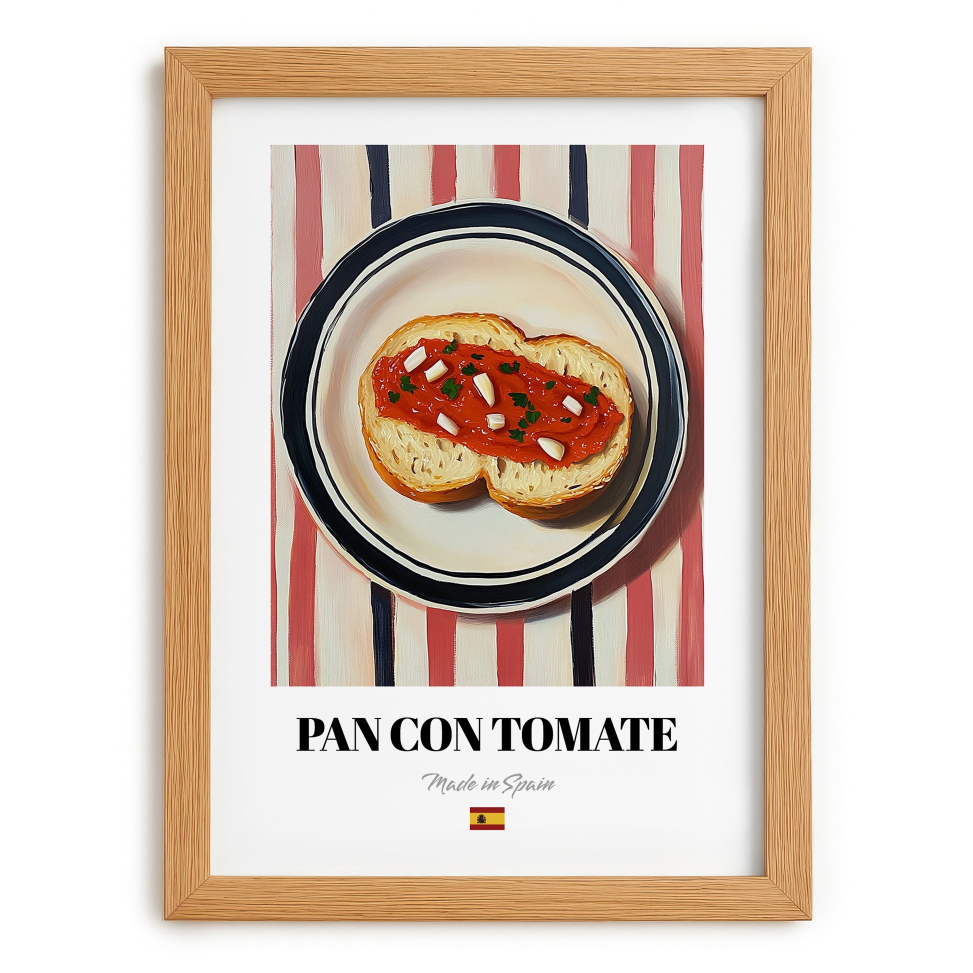 Pan con Tomate – on Striped Tablecloth, Spanish Food Wall Decor, set in oak frame