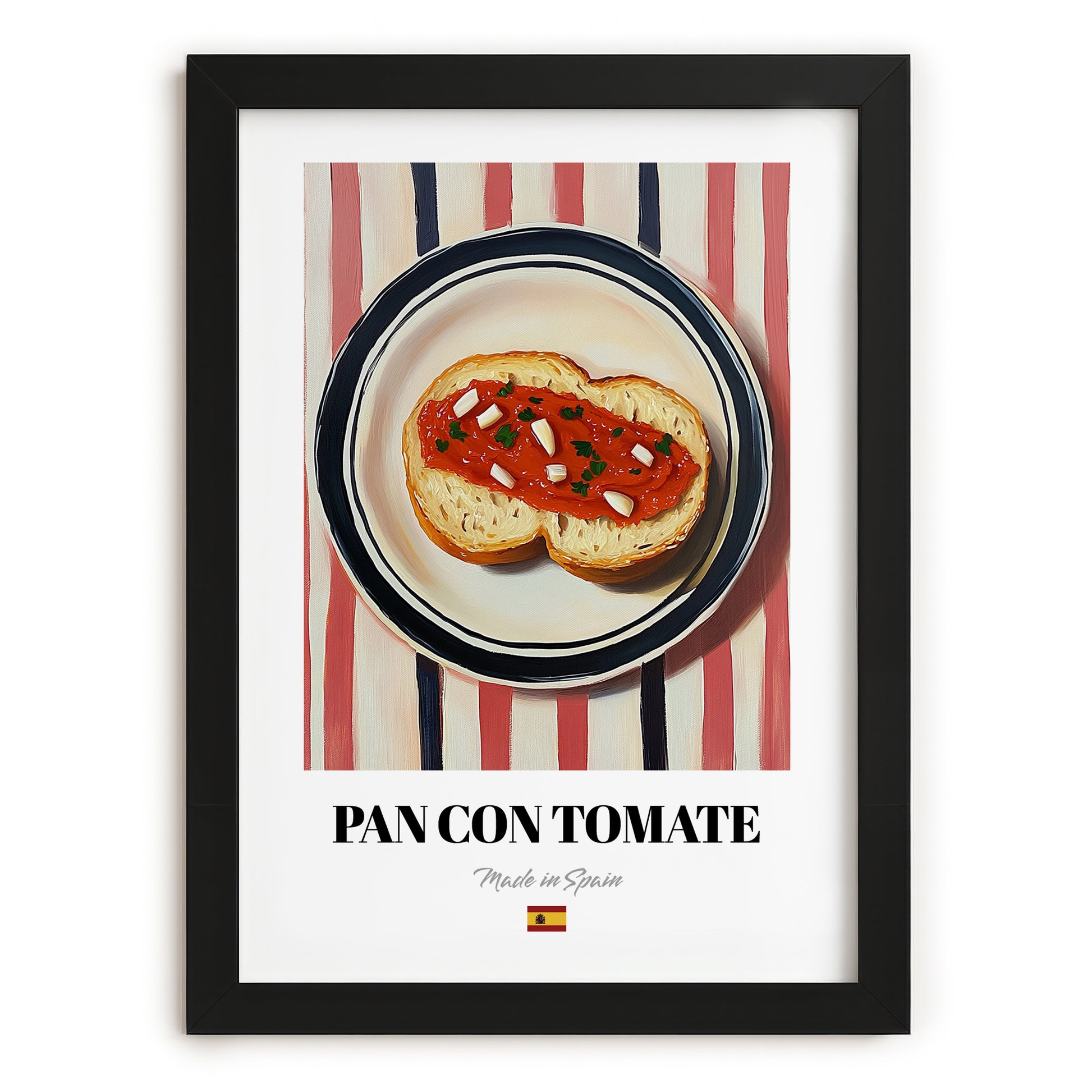 Pan con Tomate – on Striped Tablecloth, Spanish Food Wall Decor, in sleek black frame