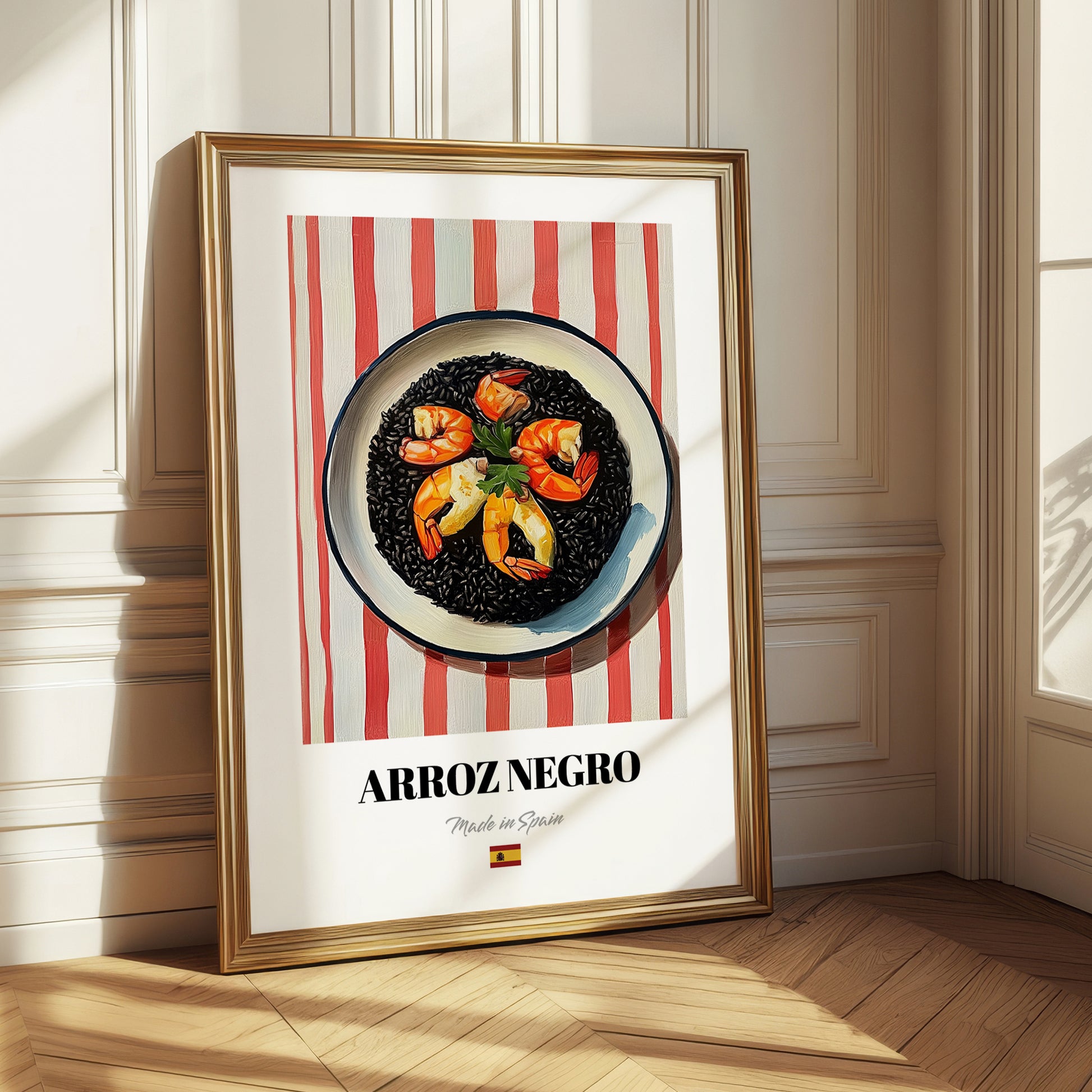 Arroz Negro – on Striped Tablecloth, Spanish Food Print