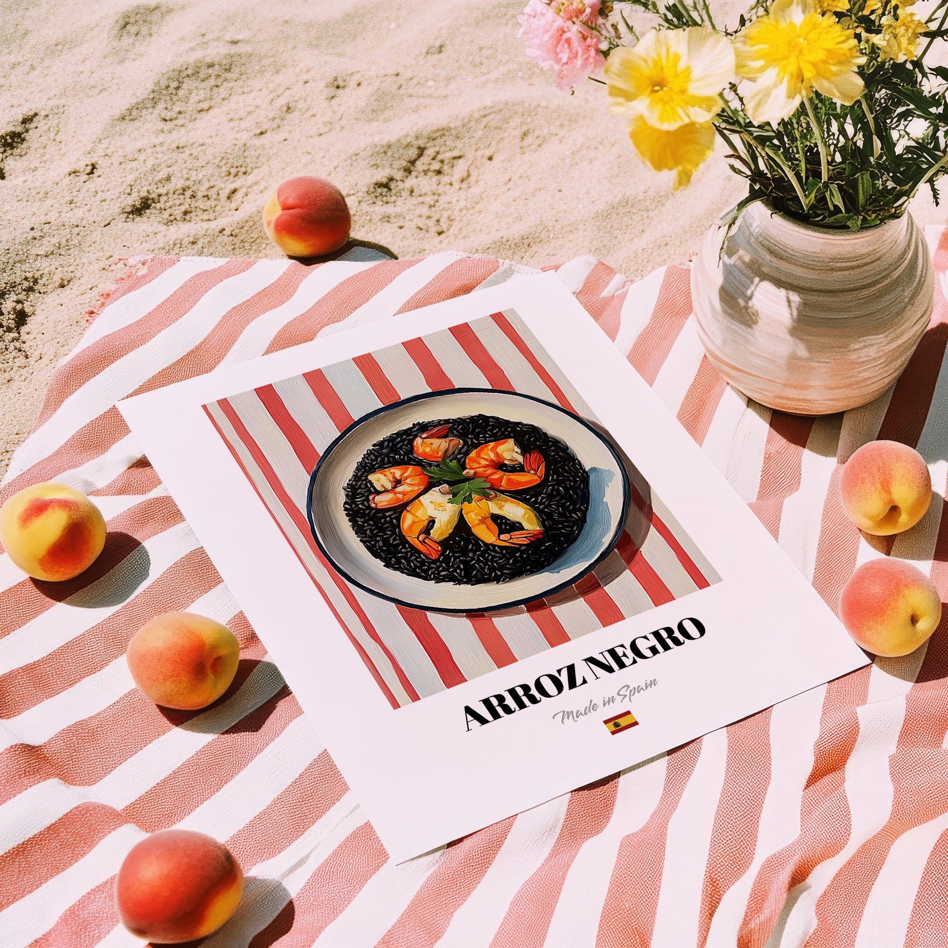 Arroz Negro – on Striped Tablecloth, Spanish Food Print, unframed on coastal sand