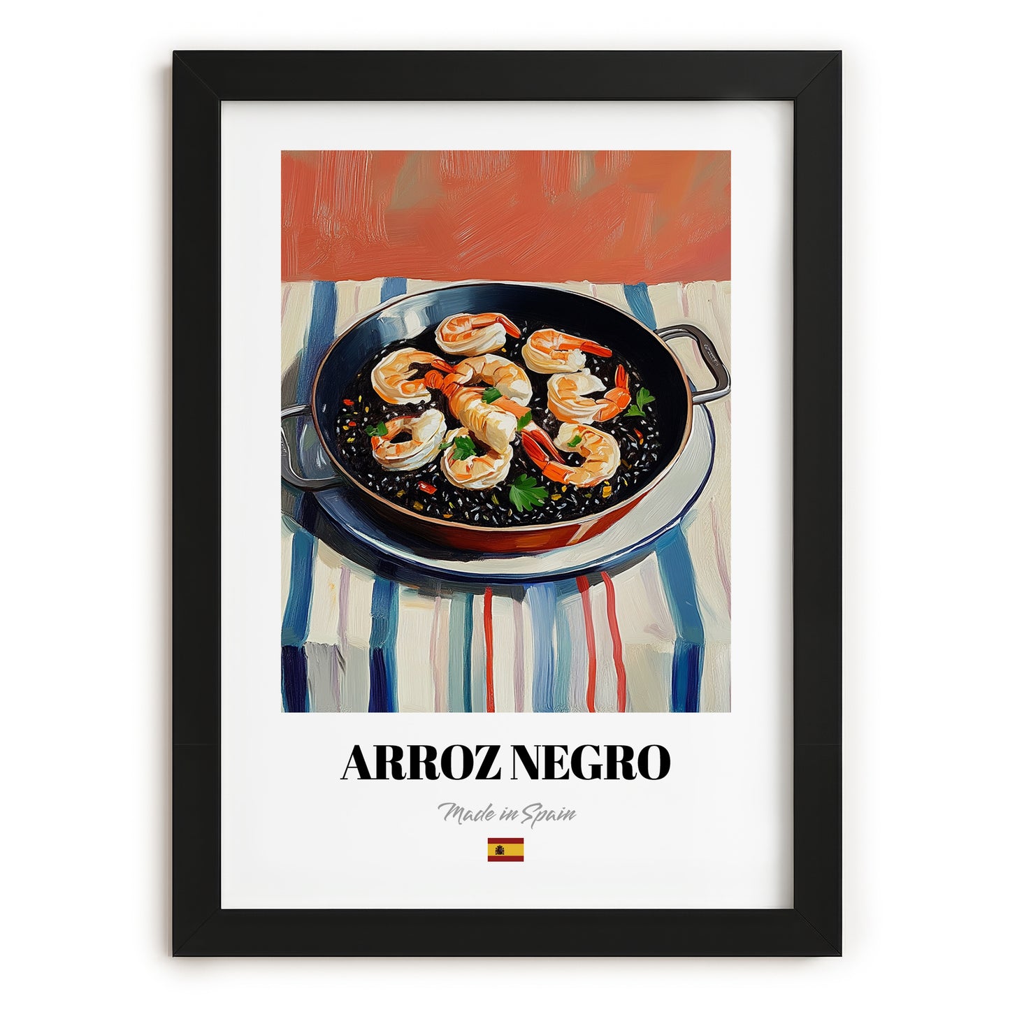 Arroz Negro – Oil Painting, Spanish Food Still Life, in sleek black frame