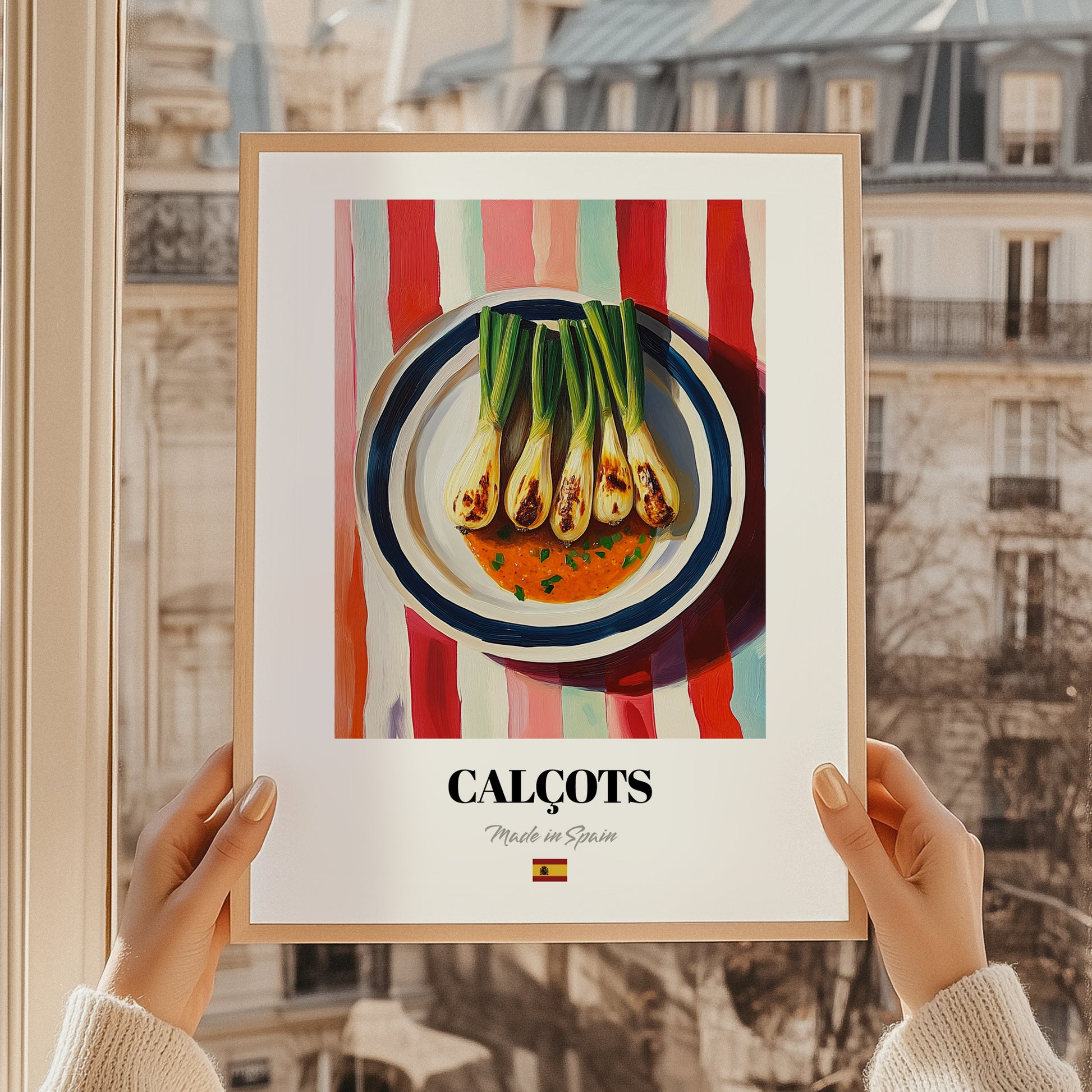 Calçots – on Striped Tablecloth, Spanish Food Still Life, styled in a charming Paris street view