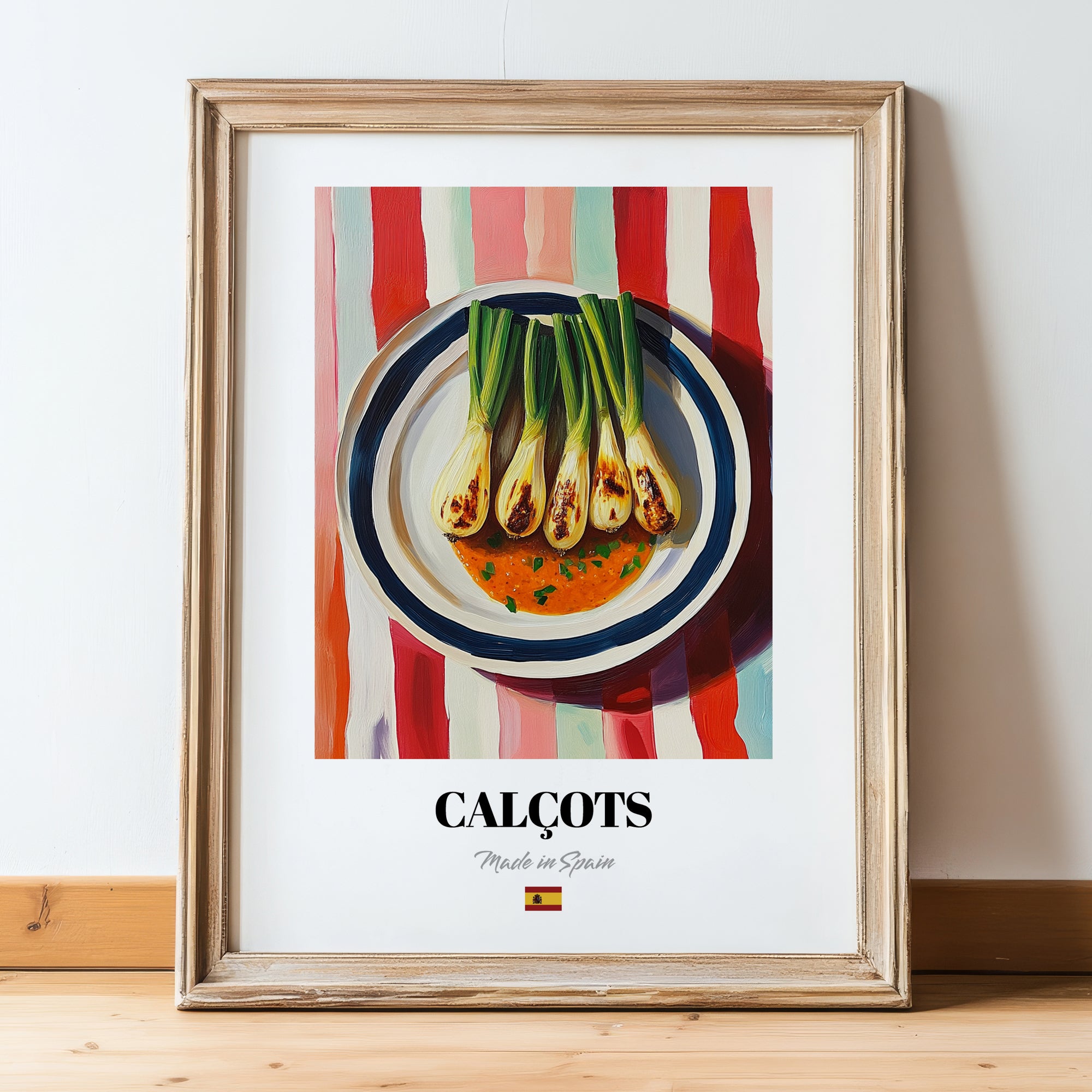 Calçots – on Striped Tablecloth, Spanish Food Still Life, in wooden frame leaning on the floor