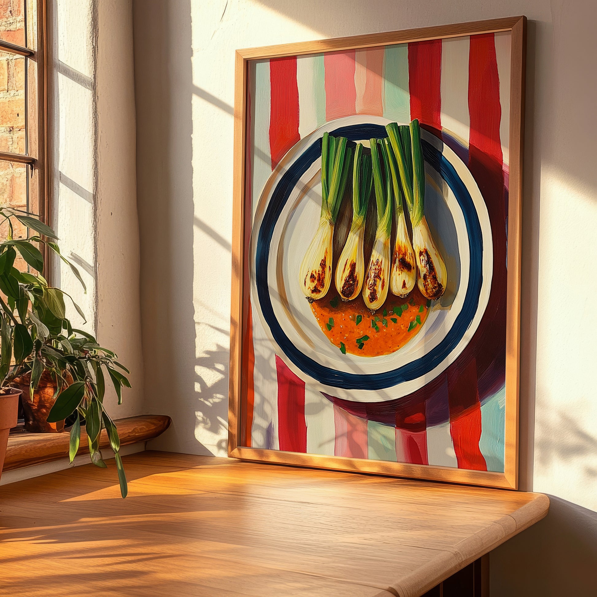 Calçots – on Striped Tablecloth, Spanish Food Still Life, clean layout with no caption