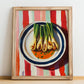 Calçots – on Striped Tablecloth, Spanish Food Still Life, no-text version framed in wood