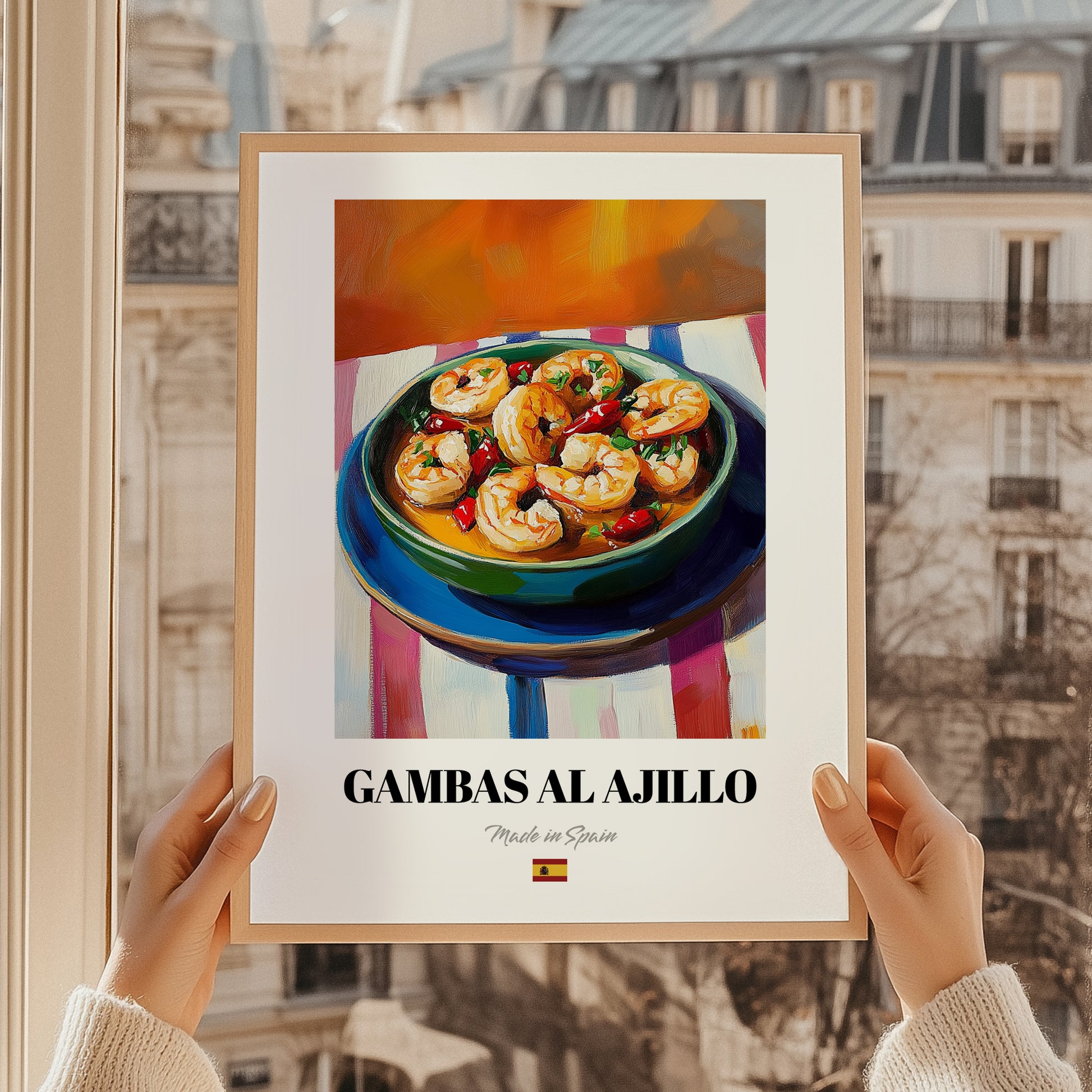 Gambas al Ajillo – Oil Painting, Spanish Food Wall Decor, styled in a charming Paris street view