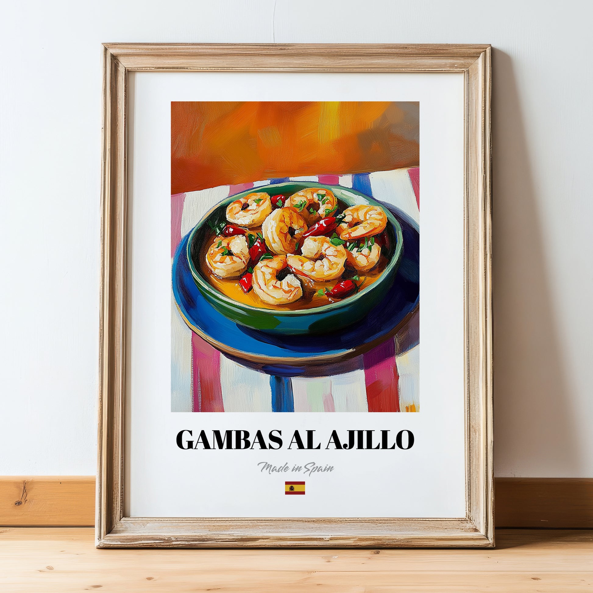 Gambas al Ajillo – Oil Painting, Spanish Food Wall Decor, in wooden frame leaning on the floor