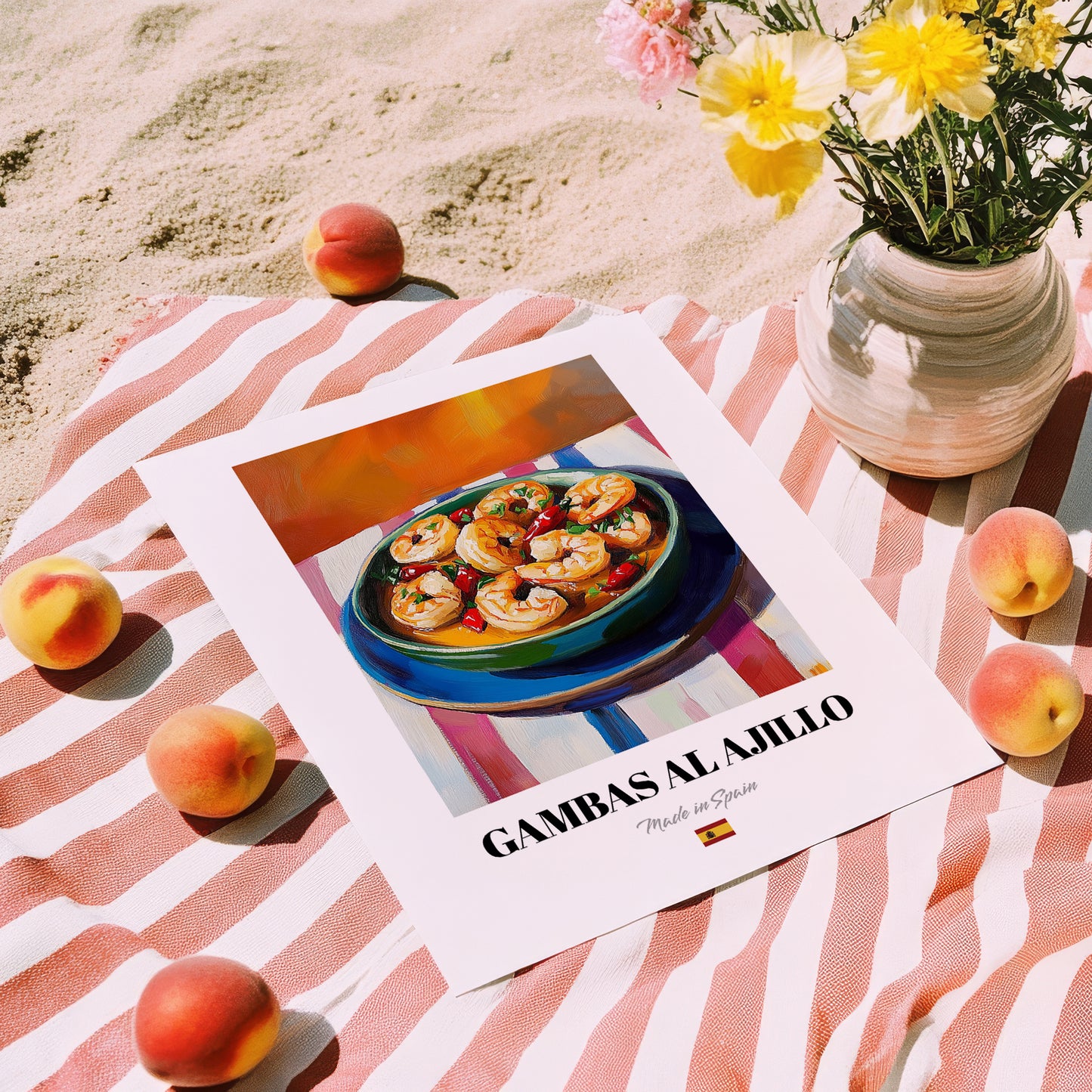 Gambas al Ajillo – Oil Painting, Spanish Food Wall Decor, unframed on coastal sand